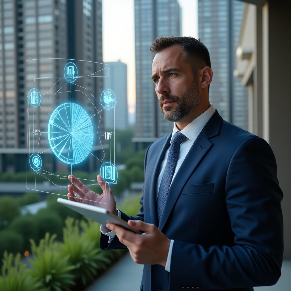 (Ultra-realistic condominium manager in a navy blue suit, set in a modern luxury condominium environment with high-rise buildings and green landscaping, analyzing a holographic pie chart representing fractional ownership, holographic percentage icons and building symbols floating around, thoughtful and confident expression, cinematic lighting, shallow depth of field, highly detailed textures, realistic skin, photographic realism, 8k resolution --ar 1:1 --v 6)
