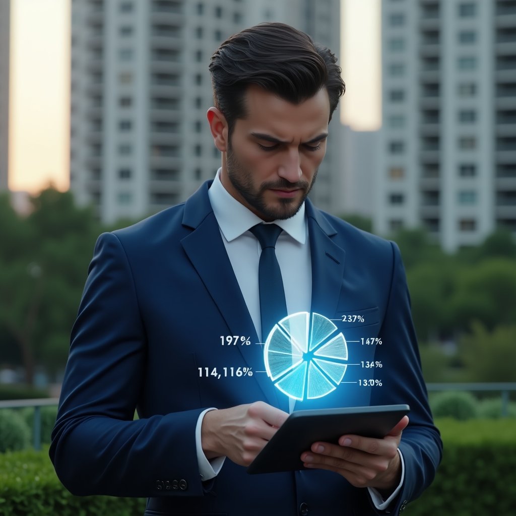 Ultra-realistic condominium manager in a navy blue suit, set in a modern luxury condominium environment with high-rise buildings and lush green landscaping, thoughtfully reviewing a holographic pie chart of ideal fractions projected from a tablet, fractional percentage numbers floating around, serious and confident expression, cinematic lighting, shallow depth of field, highly detailed textures, realistic skin, photographic realism, 8k resolution --ar 1:1 --v 6