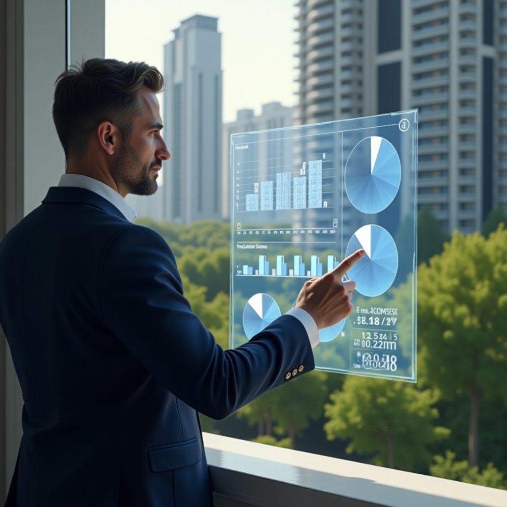 (Ultra-realistic condominium manager in a tailored navy suit, set in a modern luxury condominium environment with high-rise buildings and lush green landscaping, analyzing a holographic pie chart and digital blueprint of fractional ownership, pointing at a highlighted fraction overlay, confident and focused expression, cinematic lighting, shallow depth of field, highly detailed textures, realistic skin, photographic realism, 8k resolution --ar 1:1 --v 6)