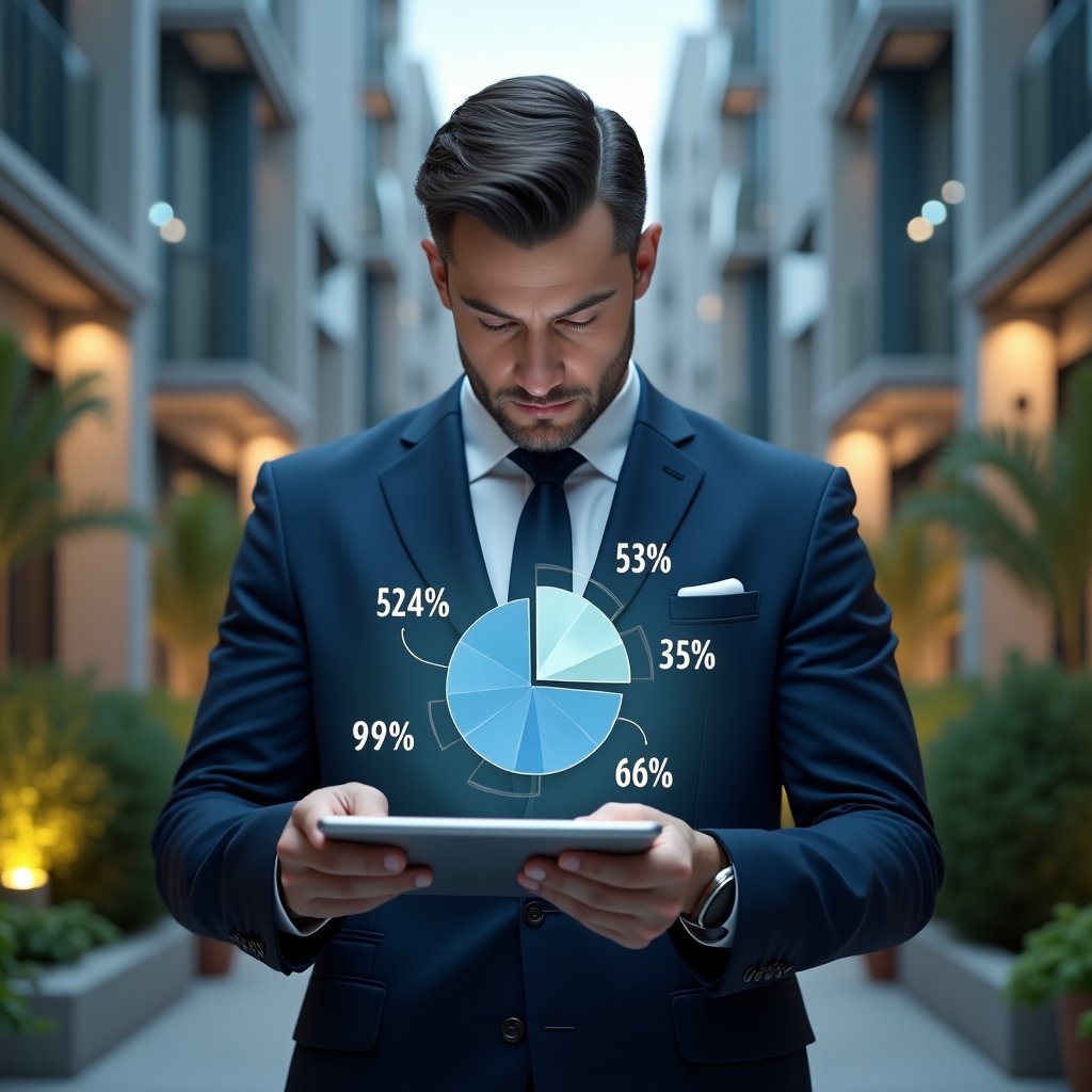 Ultra-realistic condominium manager in a navy blue suit, set in a modern luxury condominium environment with high-rise buildings and meticulously landscaped gardens, analyzing a holographic pie chart of cost allocation above a sleek tablet, floating fractional diagrams and percentage symbols around him, confident and focused expression, cinematic lighting, shallow depth of field, highly detailed textures, realistic skin, photographic realism, 8k resolution --ar 1:1 --v 6