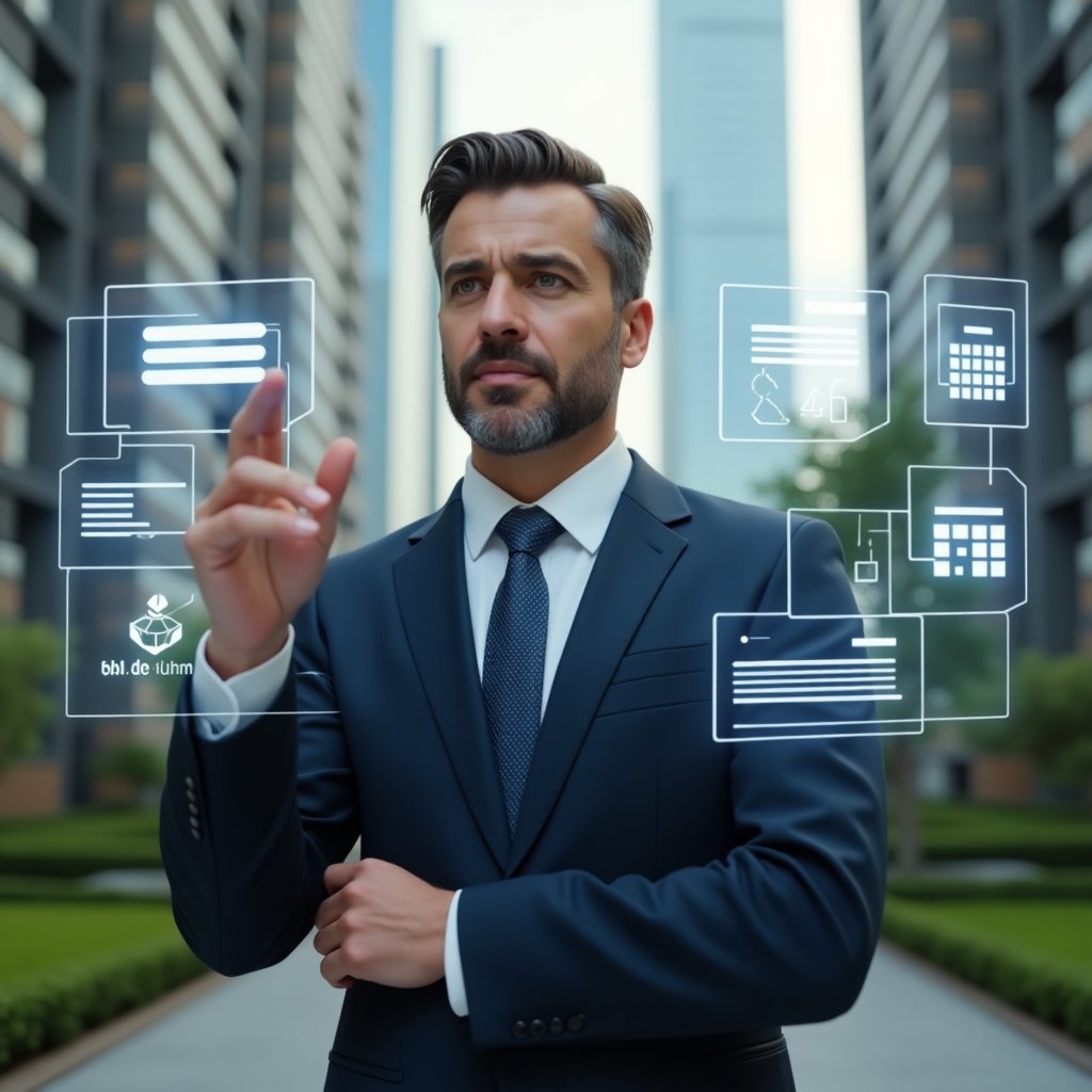 Ultra-realistic condominium manager in a navy executive suit, set in a modern luxury condominium environment with high-rise buildings and green landscaping, interacting with floating holographic icons representing instant messaging, financial charts and reservation calendars, confident expression, cinematic lighting, shallow depth of field, highly detailed textures, realistic skin, photographic realism, 8k resolution --ar 1:1 --v 6