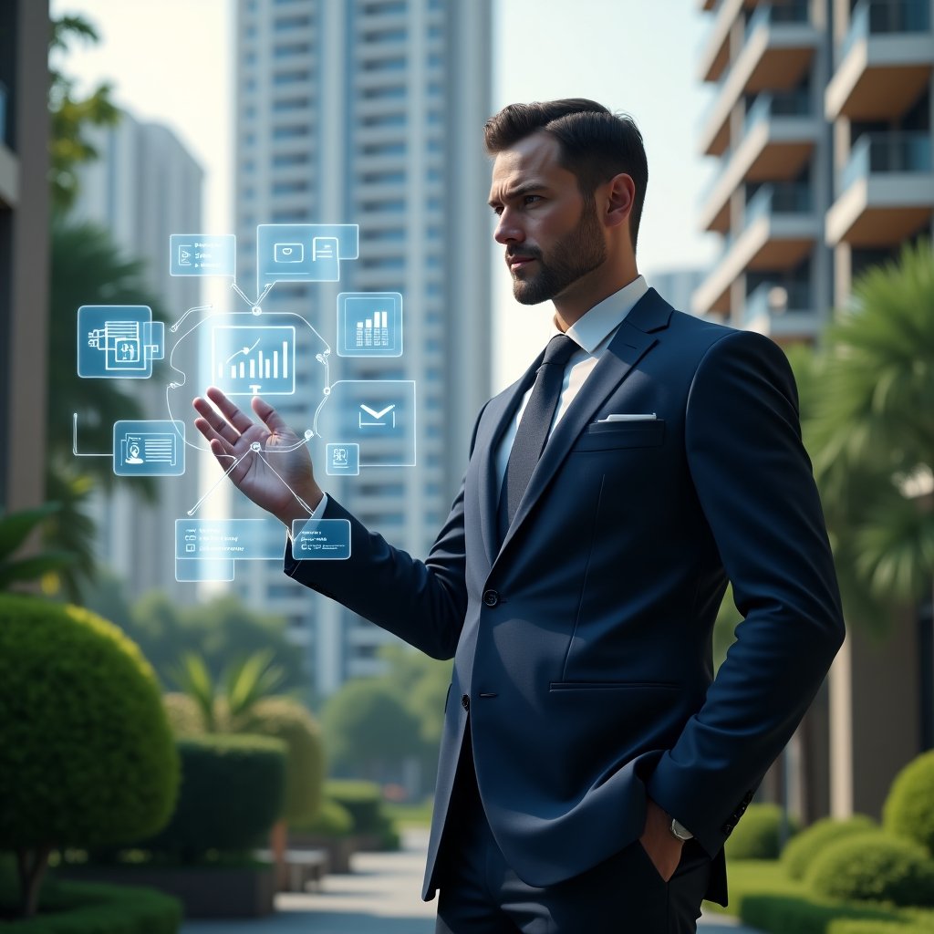 (Ultra-realistic condominium manager in a navy executive suit, set in a modern luxury condominium environment with high-rise buildings and lush green landscaping, standing confidently while interacting with holographic icons representing calendar reservations, financial charts, chat bubbles, service orders and reports, cinematic lighting, shallow depth of field, highly detailed textures, realistic skin, photographic realism, 8k resolution --ar 1:1 --v 6)