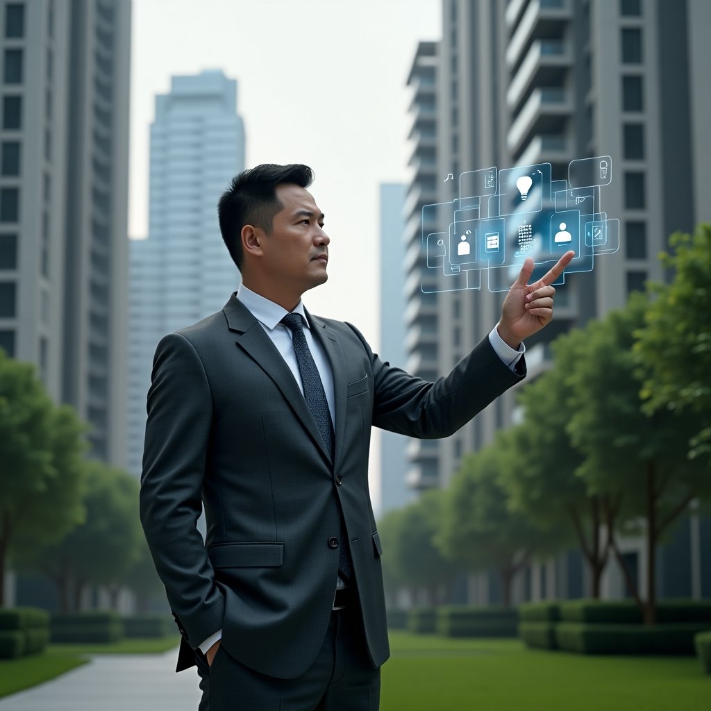 (Ultra-realistic condominium manager in a charcoal gray executive suit, set in a modern luxury condominium environment with high-rise buildings and lush green landscaping, confidently pointing at floating holographic icons representing scheduling, billing, communication, security, and analytics, cinematic lighting, shallow depth of field, highly detailed textures, realistic skin, photographic realism, 8k resolution --ar 1:1 --v 6)