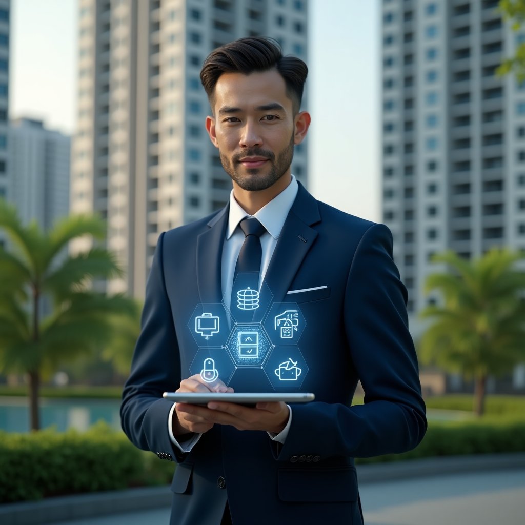Ultra-realistic condominium manager in a navy executive suit, set in a modern luxury condominium environment with high-rise buildings and lush green landscaping, holding a tablet displaying holographic icons of finance, communication and security features, confident and focused expression, cinematic lighting, shallow depth of field, highly detailed textures, realistic skin, photographic realism, 8k resolution --ar 1:1 --v 6