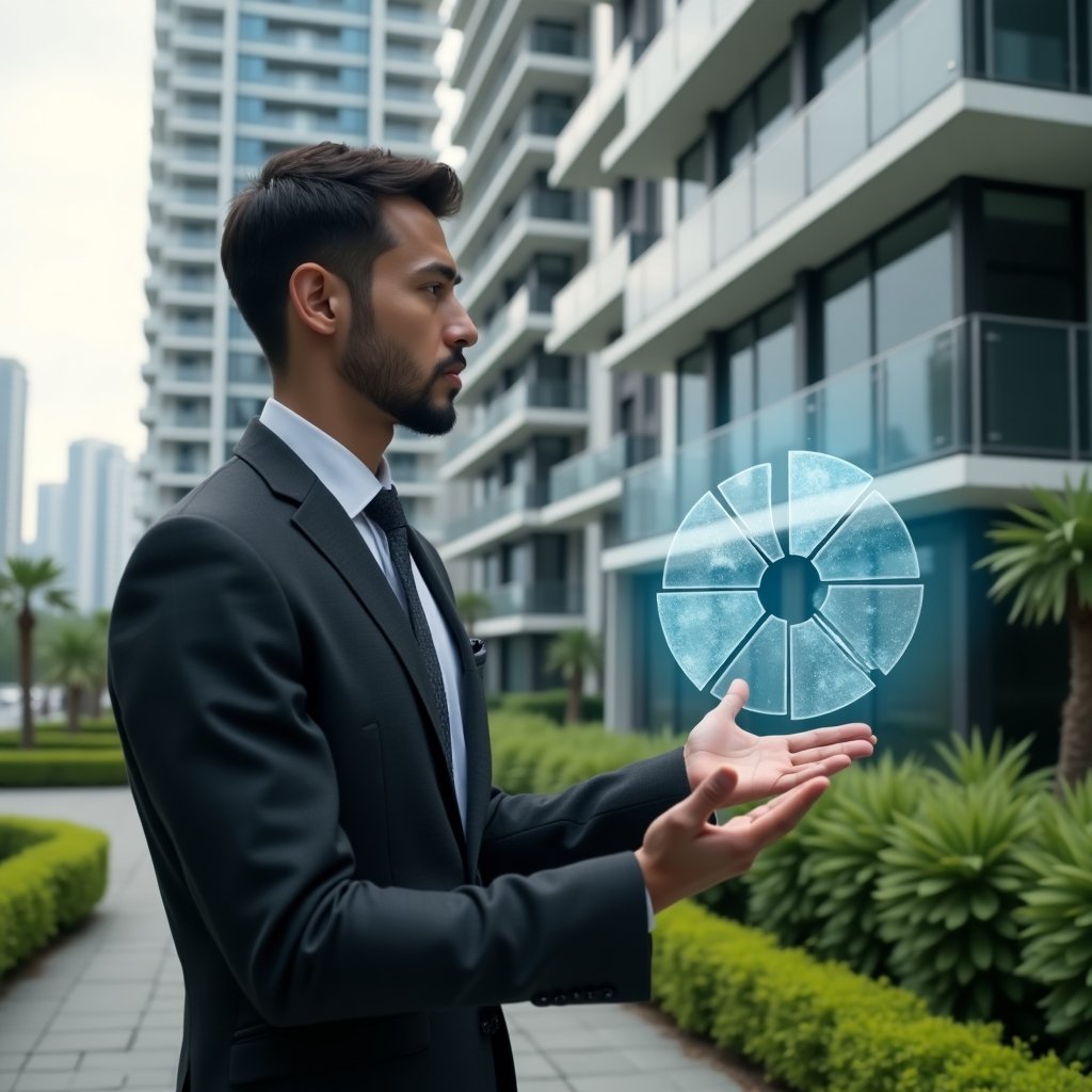 (Ultra-realistic condominium manager in a sleek charcoal suit, set in a modern luxury condominium environment with high-rise buildings and manicured green landscaping, interacting thoughtfully with a floating holographic pie chart illustrating unit fractions for fair cost distribution, cinematic lighting, shallow depth of field, highly detailed textures, realistic skin, photographic realism, 8k resolution --ar 1:1 --v 6)