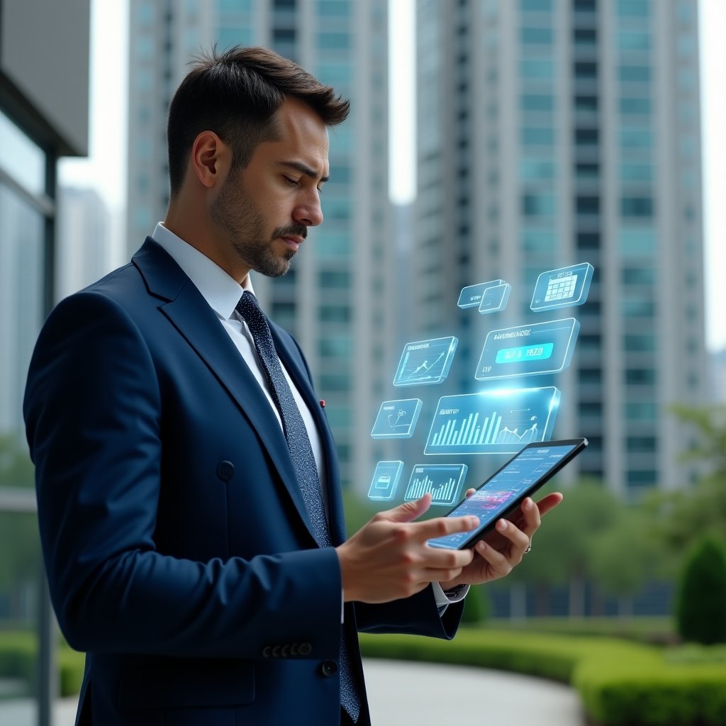 (Ultra-realistic condominium manager in a navy blue suit, set in a modern luxury condominium environment with high-rise buildings and manicured green landscaping, holding a digital tablet displaying floating holographic financial charts and maintenance schedules, analyzing data with a confident, focused expression, holographic icons of calendar and chat bubble symbolizing communication and planning, cinematic lighting, shallow depth of field, highly detailed textures, realistic skin, photographic realism, 8k resolution --ar 1:1 --v 6)