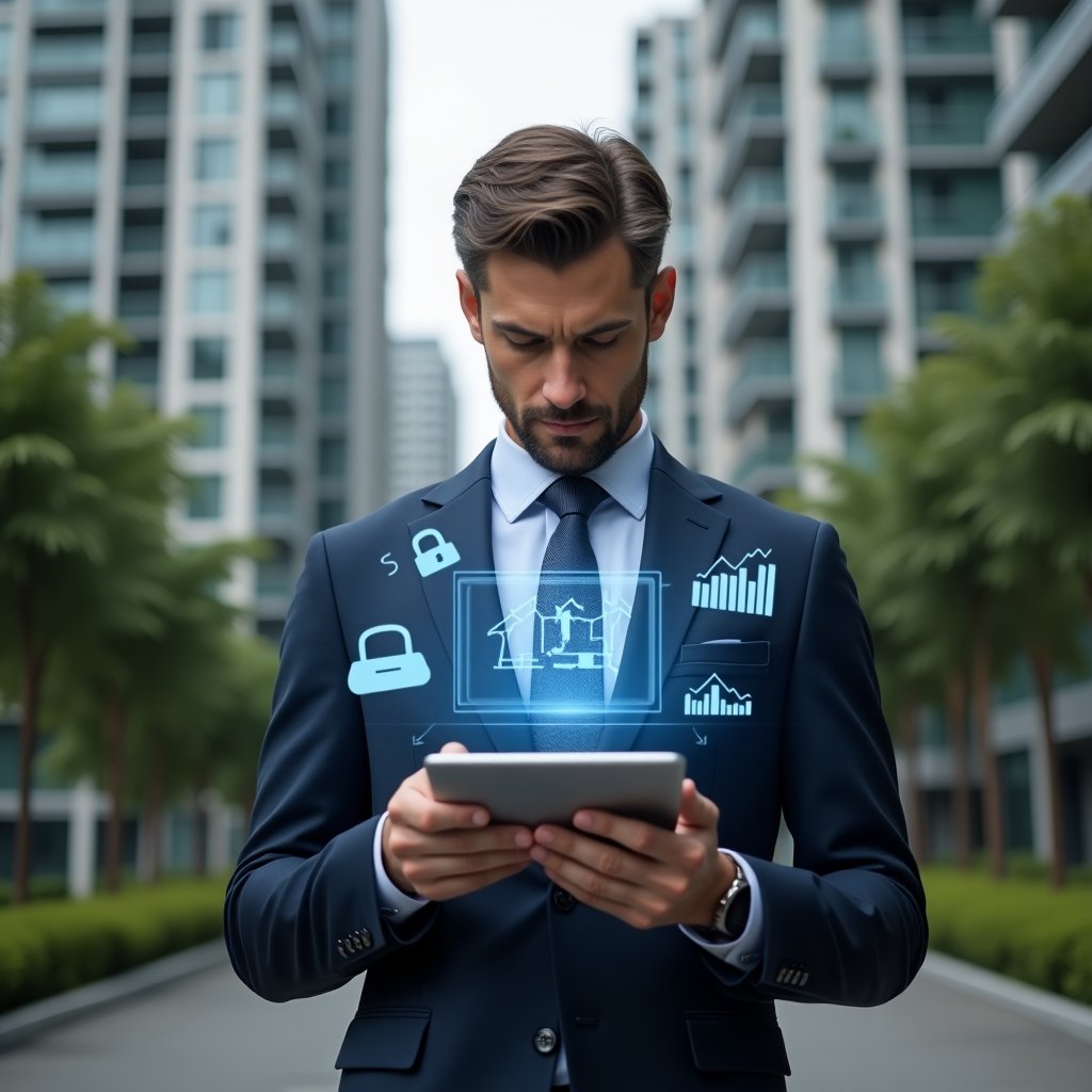 (Ultra-realistic condominium manager in a navy suit, set in a modern luxury condominium environment with high-rise buildings and green landscaping, holding a digital tablet displaying a holographic condominium management app interface, examining financial charts with a confident expression, floating icons of a ledger and shield symbolizing legal and financial security, cinematic lighting, shallow depth of field, highly detailed textures, realistic skin, photographic realism, 8k resolution --ar 1:1 --v 6)