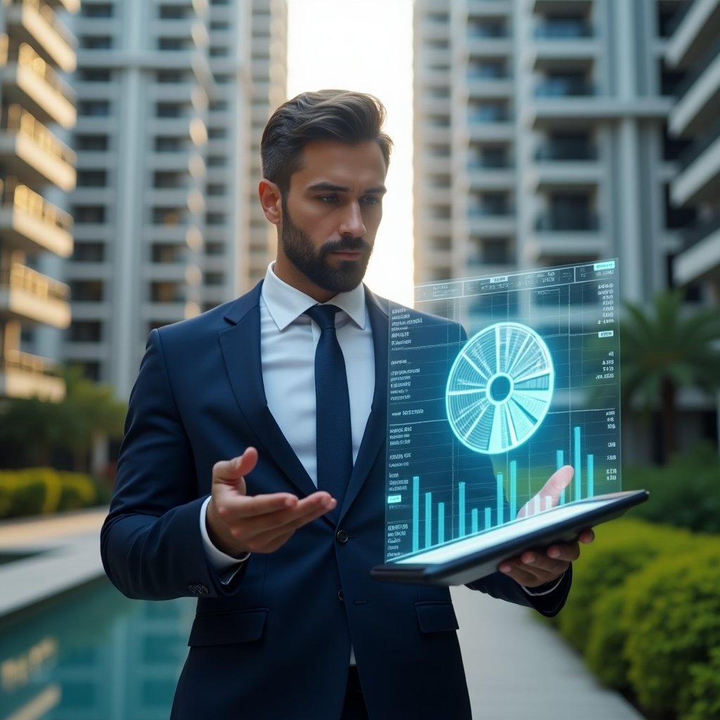 Ultra-realistic property manager in a navy suit, set in a modern luxury condominium environment with high-rise buildings and green landscaping, analyzing a digital financial report displayed as a holographic pie chart, holding a tablet with floating financial graphs around, confident and focused expression, cinematic lighting, shallow depth of field, highly detailed textures, realistic skin, photographic realism, 8k resolution --ar 1:1 --v 6