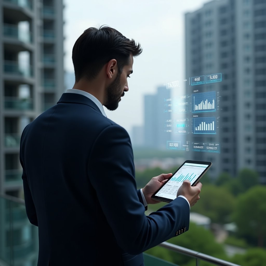 (Ultra-realistic condominium manager in a dark blue suit, set in a modern luxury condominium environment with high-rise buildings and green landscaping, holding a tablet displaying a holographic financial report and thoughtfully analyzing floating charts, translucent budget icons and graphs orbiting around, cinematic lighting, shallow depth of field, highly detailed textures, realistic skin, photographic realism, 8k resolution --ar 1:1 --v 6)