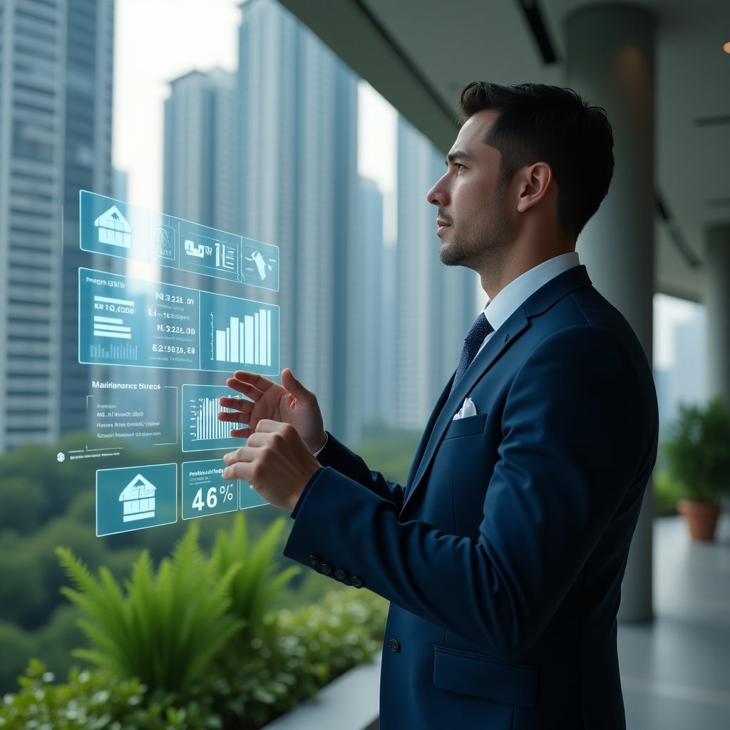 (Ultra-realistic condominium manager in a tailored navy blue suit, set in a modern luxury condominium environment with high-rise buildings and lush green landscaping, medium shot focusing on the manager, confidently interacting with a holographic dashboard displaying financial charts and maintenance schedules, symbolic floating icons of a calendar and currency symbols, cinematic lighting, shallow depth of field, highly detailed textures, realistic skin, photographic realism, 8k resolution --ar 1:1 --v 6)