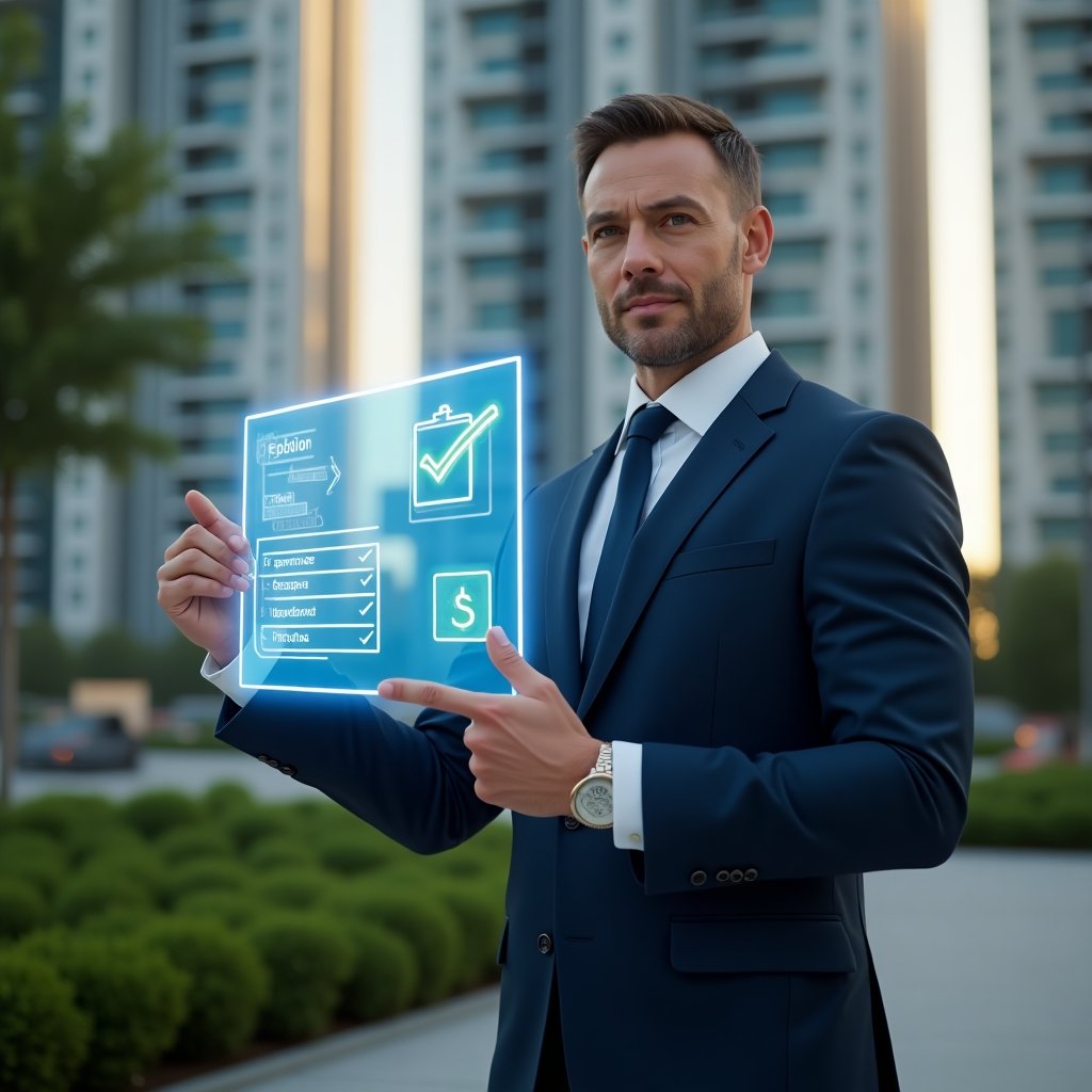 (Ultra-realistic condominium manager in a navy executive suit, set in a modern luxury condominium environment with high-rise buildings and meticulously landscaped gardens, standing mid-shot and confidently pointing at a holographic financial chart displaying expense items and approval checkmarks, glowing icons of a clipboard and dollar sign floating beside them, serious yet optimistic expression, cinematic lighting, shallow depth of field, highly detailed textures, realistic skin, photographic realism, 8k resolution --ar 1:1 --v 6)