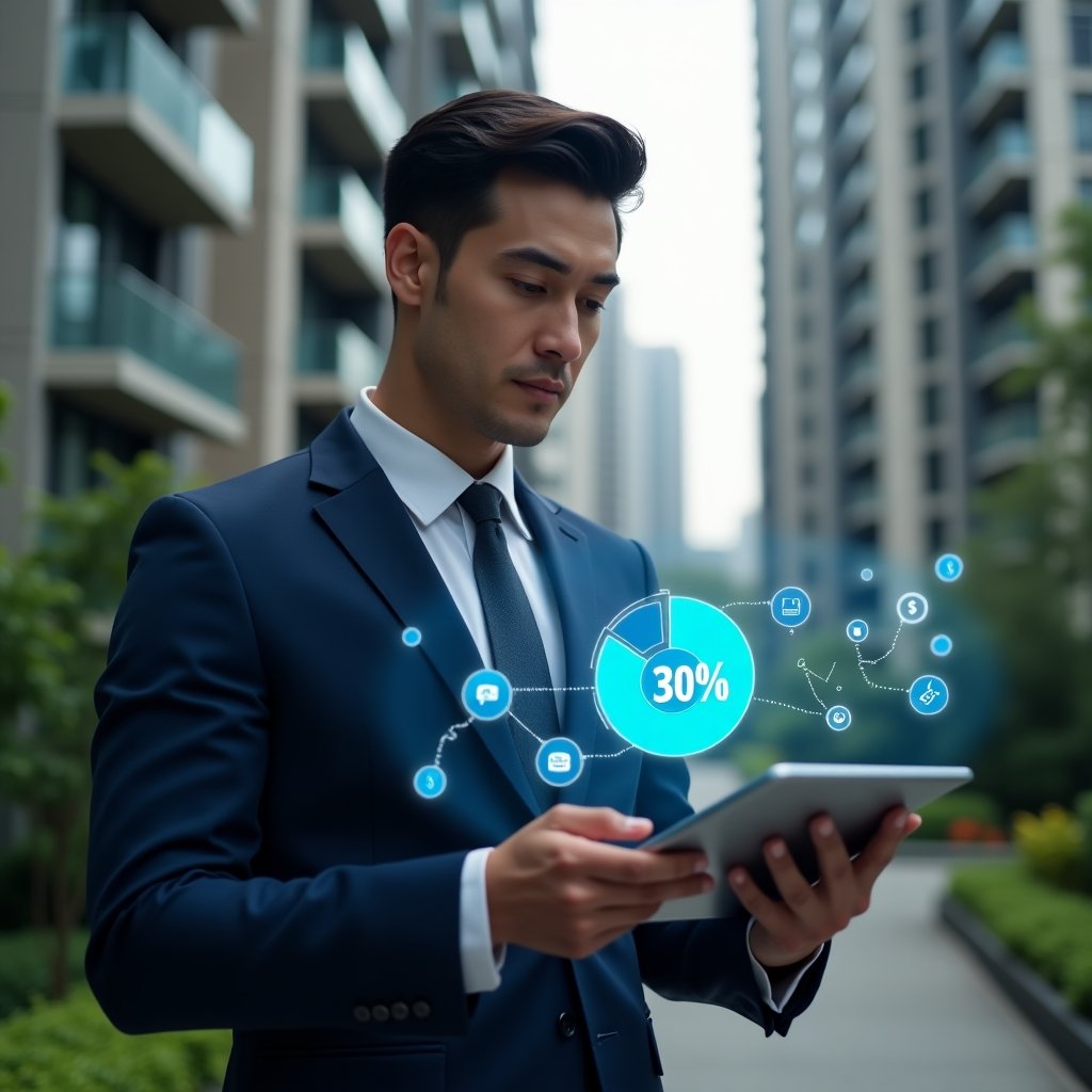 Ultra-realistic condominium manager in a dark blue business suit, set in a modern luxury condominium environment with high-rise buildings and green landscaping, analyzing a holographic pie chart illustrating a 30% cost reduction projected from a sleek tablet, floating budget icons around, confident and focused expression, cinematic lighting, shallow depth of field, highly detailed textures, realistic skin, photographic realism, 8k resolution --ar 1:1 --v 6