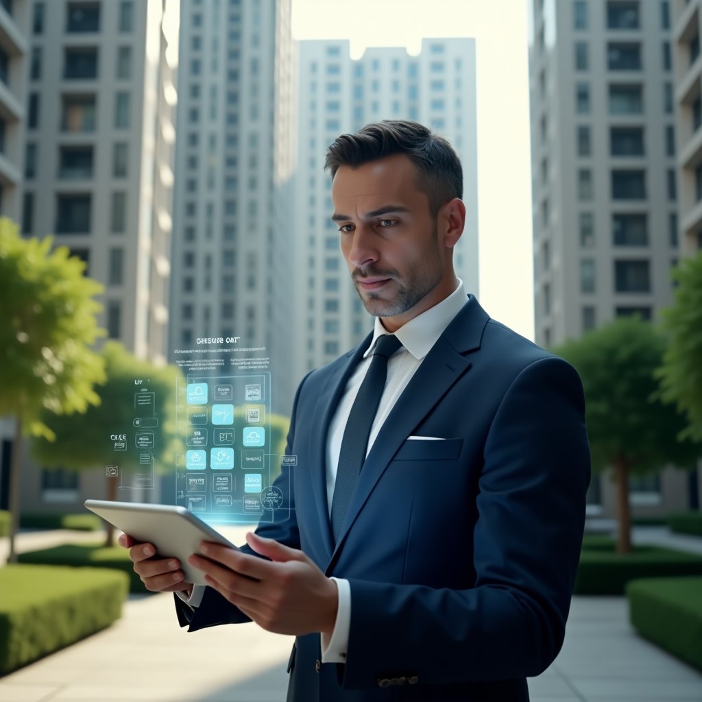 (Ultra-realistic condominium manager in a tailored navy suit, set in a modern luxury condominium environment with high-rise buildings and manicured green landscaping, holding a digital tablet displaying a holographic task schedule, translucent calendar icons floating around, focused and confident expression, cinematic lighting, shallow depth of field, highly detailed textures, realistic skin, photographic realism, 8k resolution --ar 1:1 --v 6)