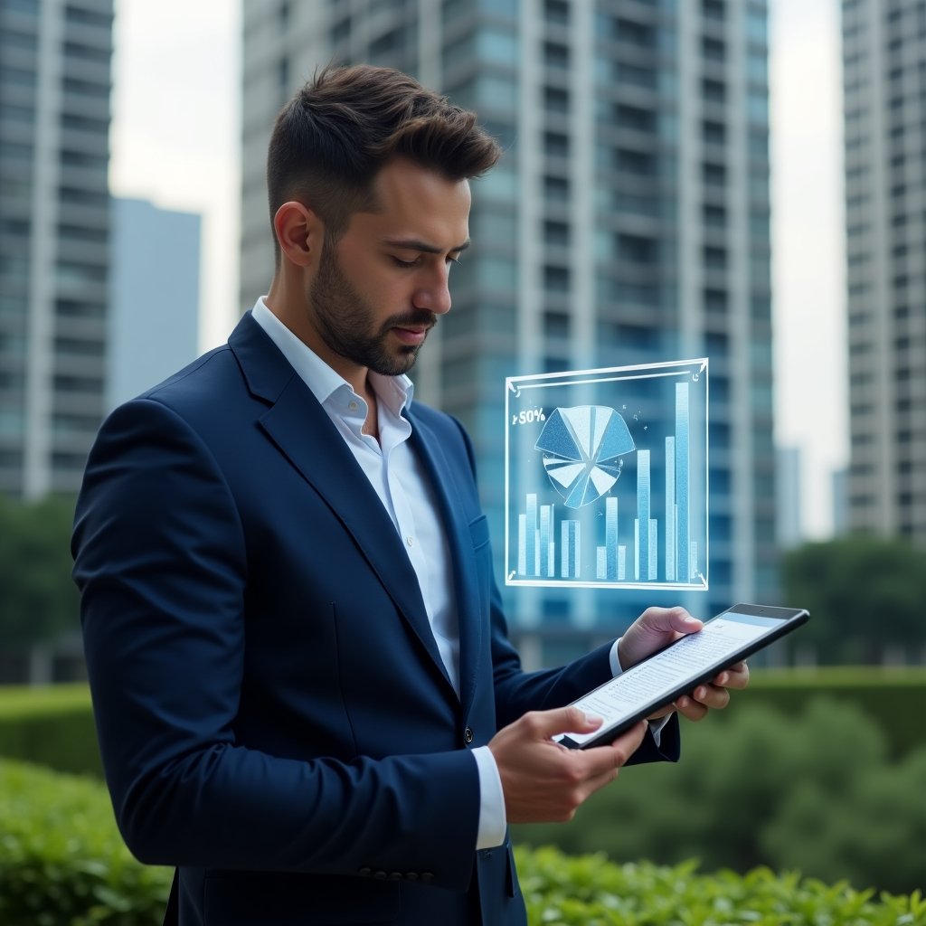 (Ultra-realistic condominium manager in a navy blue suit, set in a modern luxury condominium environment with high-rise buildings and lush green landscaping, holding a holographic pie chart of fractional ownership percentages while reviewing digital documents on a tablet, confident and focused expression, holographic fraction ideal chart as a thematic visual element, cinematic lighting, shallow depth of field, highly detailed textures, realistic skin, photographic realism, 8k resolution --ar 1:1 --v 6)