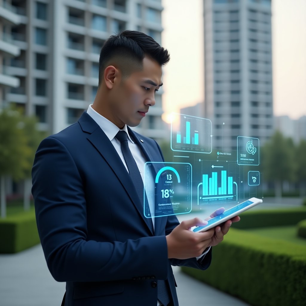 Ultra-realistic condominium manager in a navy blue tailored suit, set in a modern luxury condominium environment with high-rise buildings and manicured green landscaping, studying holographic performance charts and metric icons on a transparent tablet, confident and focused expression, floating graphs representing financial efficiency, resident satisfaction and preventive maintenance, cinematic lighting, shallow depth of field, highly detailed textures, realistic skin, photographic realism, 8k resolution --ar 1:1 --v 6