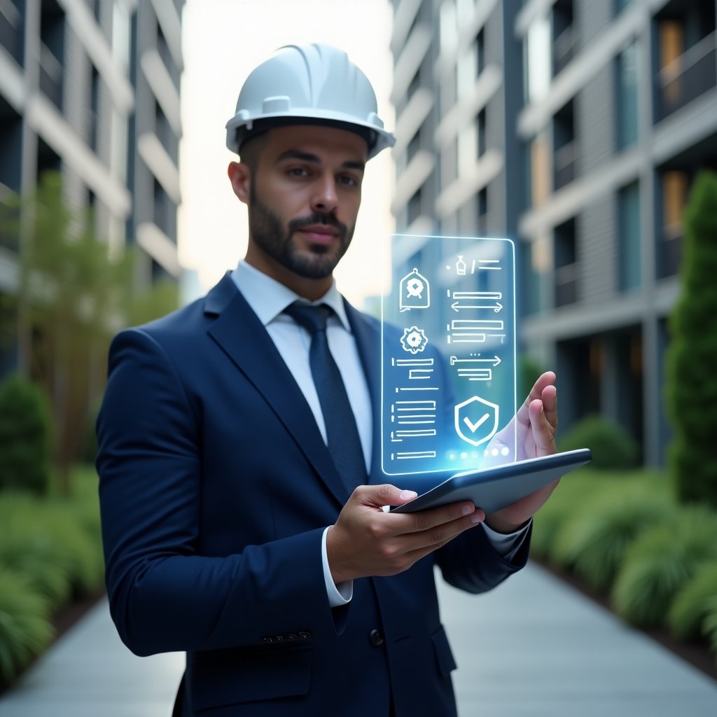 (Ultra-realistic condominium facility manager in a navy blue suit holding a digital tablet displaying a holographic maintenance checklist, set in a modern luxury condominium environment with high-rise buildings and manicured green landscaping, confidently pointing at floating icons of a wrench, gear, and shield representing preventive maintenance, cinematic lighting, shallow depth of field, highly detailed textures, realistic skin, photographic realism, 8k resolution --ar 1:1 --v 6)