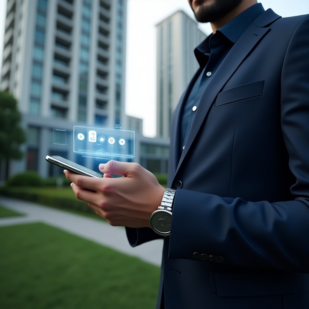 (Ultra-realistic condominium manager in a dark blue suit, set in a modern luxury condominium environment with high-rise buildings and green landscaping, holding a smartphone displaying a holographic aplicativo para condomínio interface with icons for billing, reservations and virtual assemblies, confidently interacting with the virtual elements, cinematic lighting, shallow depth of field, highly detailed textures, realistic skin, photographic realism, 8k resolution --ar 1:1 --v 6)