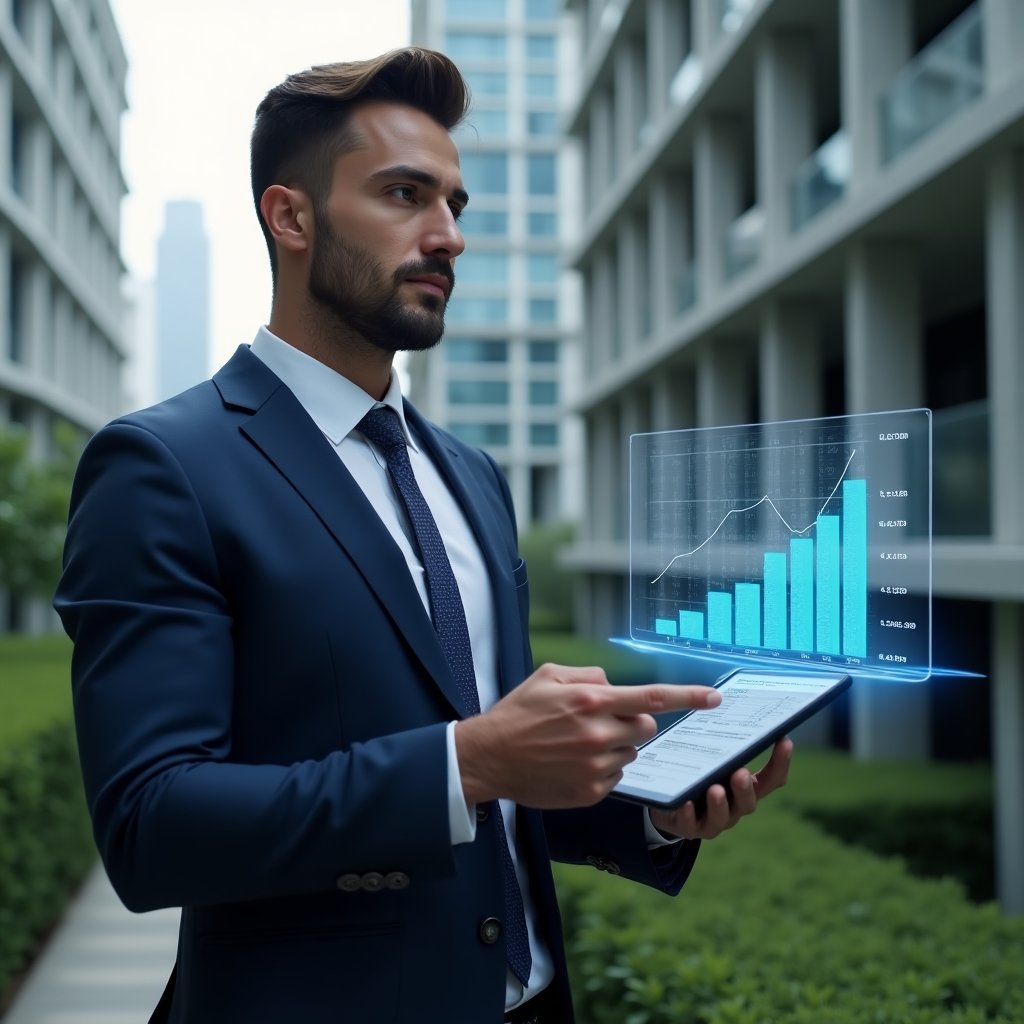 Ultra-realistic condominium manager in a navy blue executive suit, set in a modern luxury condominium environment with high-rise buildings and green landscaping, holding a holographic financial report and analyzing data on a transparent tablet, a floating holographic bar chart beside them, confident and focused expression, cinematic lighting, shallow depth of field, highly detailed textures, realistic skin, photographic realism, 8k resolution --ar 1:1 --v 6
