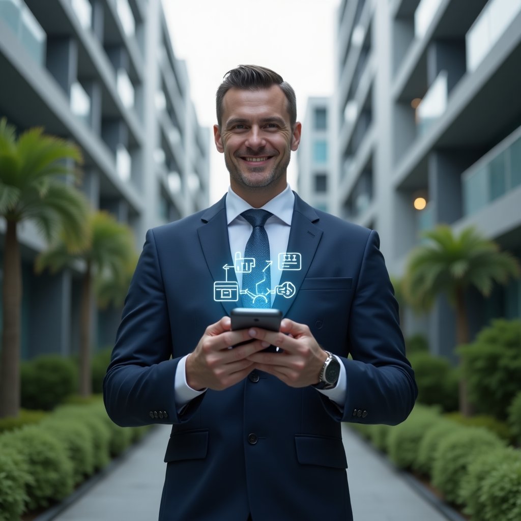 (Ultra-realistic condominium manager in a tailored dark blue suit, set in a modern luxury condominium environment with high-rise buildings and manicured green landscaping, holding a smartphone displaying floating holographic icons representing finance, communication and security, confident smile, cinematic lighting, shallow depth of field, highly detailed textures, realistic skin, photographic realism, 8k resolution --ar 1:1 --v 6)