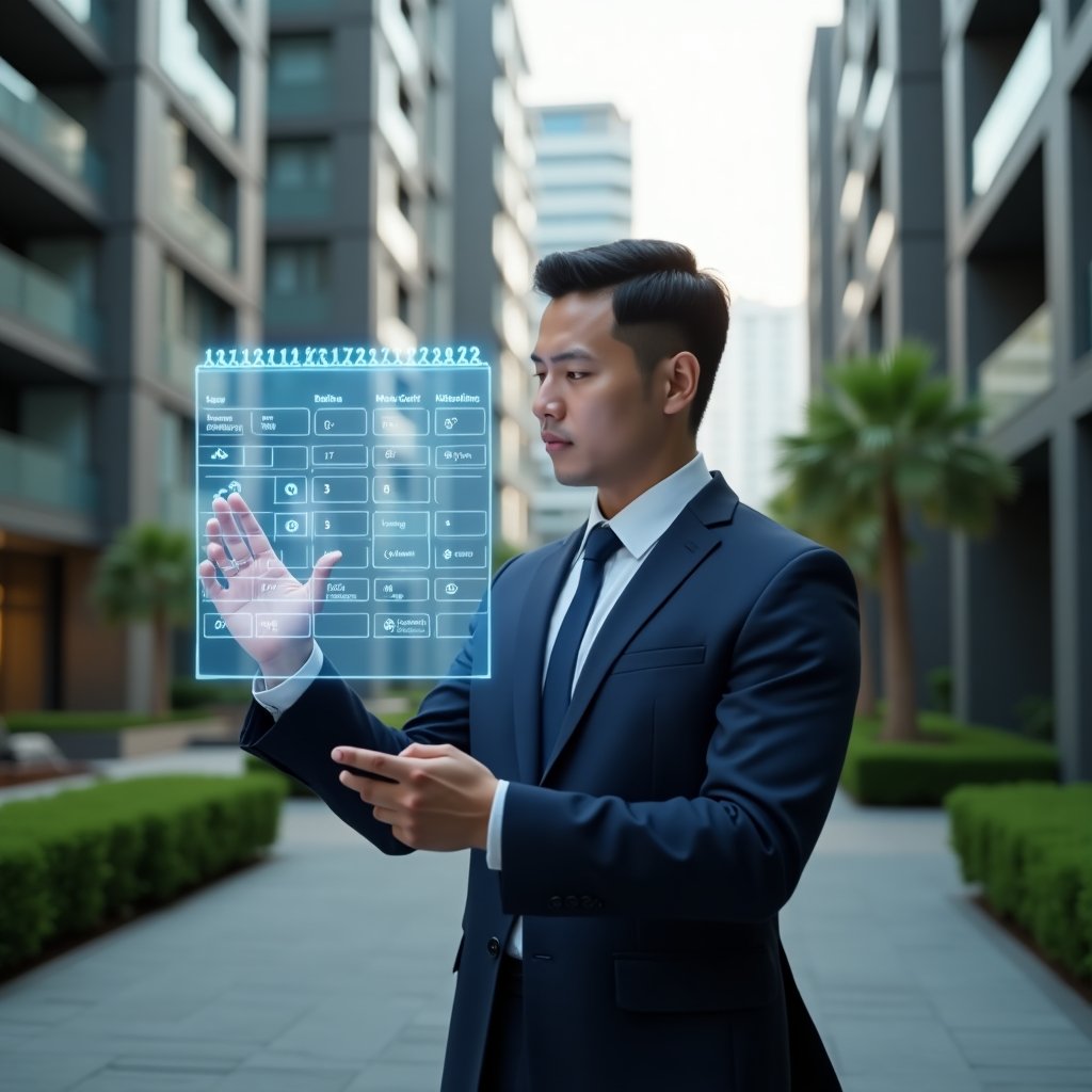 (Ultra-realistic condominium manager in a navy suit, set in a modern luxury condominium environment with high-rise buildings and manicured green landscaping, mid-shot of a confident professional analyzing a floating holographic calendar interface with step-by-step task icons, cinematic lighting, shallow depth of field, highly detailed textures, realistic skin, photographic realism, 8k resolution --ar 1:1 --v 6)