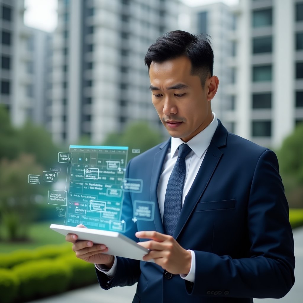 (Ultra-realistic property manager in a tailored navy suit, set in a modern luxury condominium environment with high-rise buildings and manicured green landscaping, examining a holographic annual calendar with icons for cleaning, inspections, and meetings, confident and focused expression, cinematic lighting, shallow depth of field, highly detailed textures, realistic skin, photographic realism, 8k resolution --ar 1:1 --v 6)