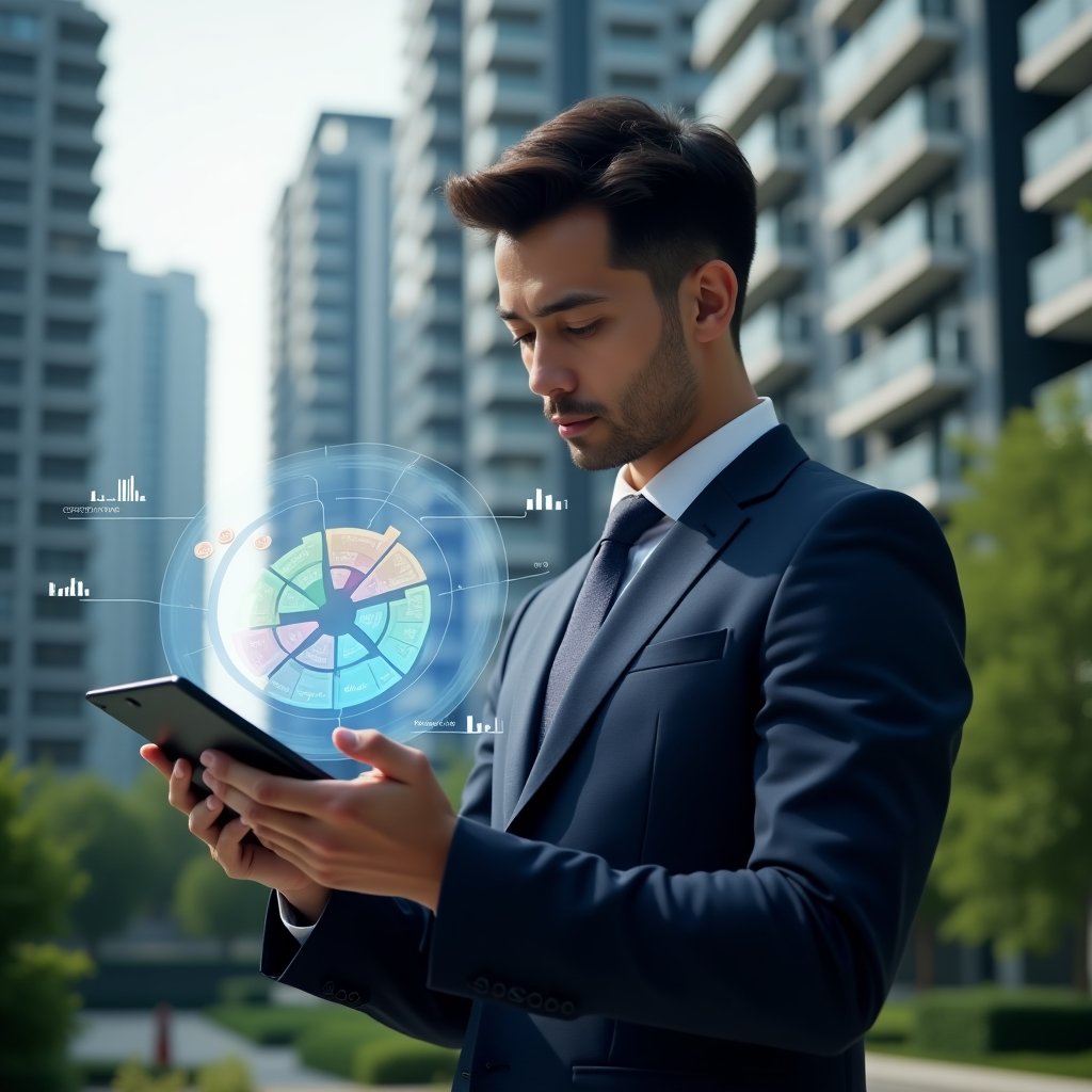 (Ultra-realistic condominium manager in a tailored navy suit, set in a modern luxury condominium environment with high-rise buildings and meticulously landscaped greenery, holding a tablet displaying a glowing holographic pie chart of unit fractions and expense allocations, thoughtfully analyzing data with a confident expression, holographic icons of coins and building silhouettes floating around, cinematic lighting, shallow depth of field, highly detailed textures, realistic skin, photographic realism, 8k resolution --ar 1:1 --v 6)