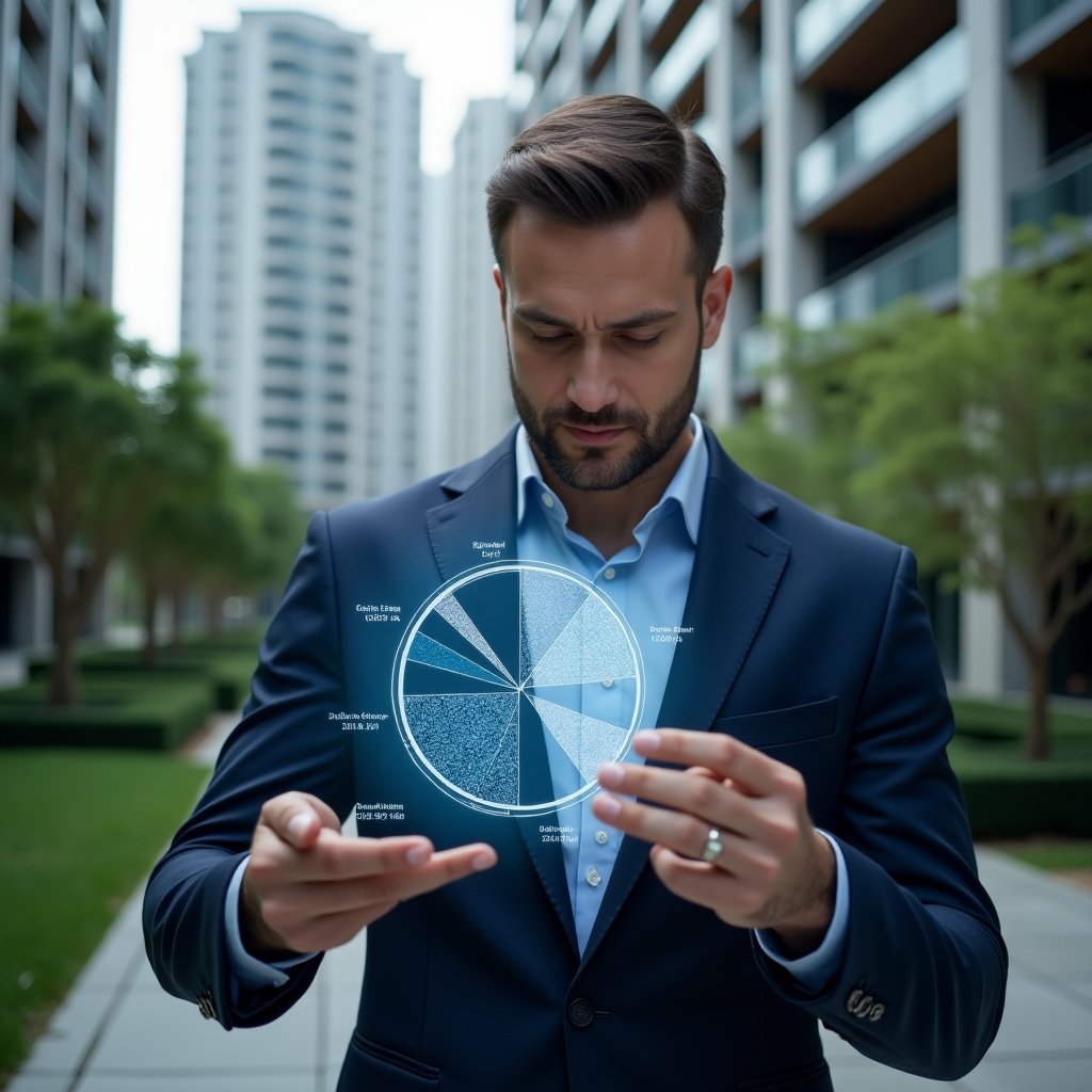 Ultra-realistic condominium manager in a dark blue executive suit, set in a modern luxury condominium environment with high-rise buildings and meticulously landscaped greenery, analyzing a holographic pie chart that represents fractional ownership and expense allocation, with floating financial data overlays, confident and focused expression, cinematic lighting, shallow depth of field, highly detailed textures, realistic skin, photographic realism, 8k resolution --ar 1:1 --v 6