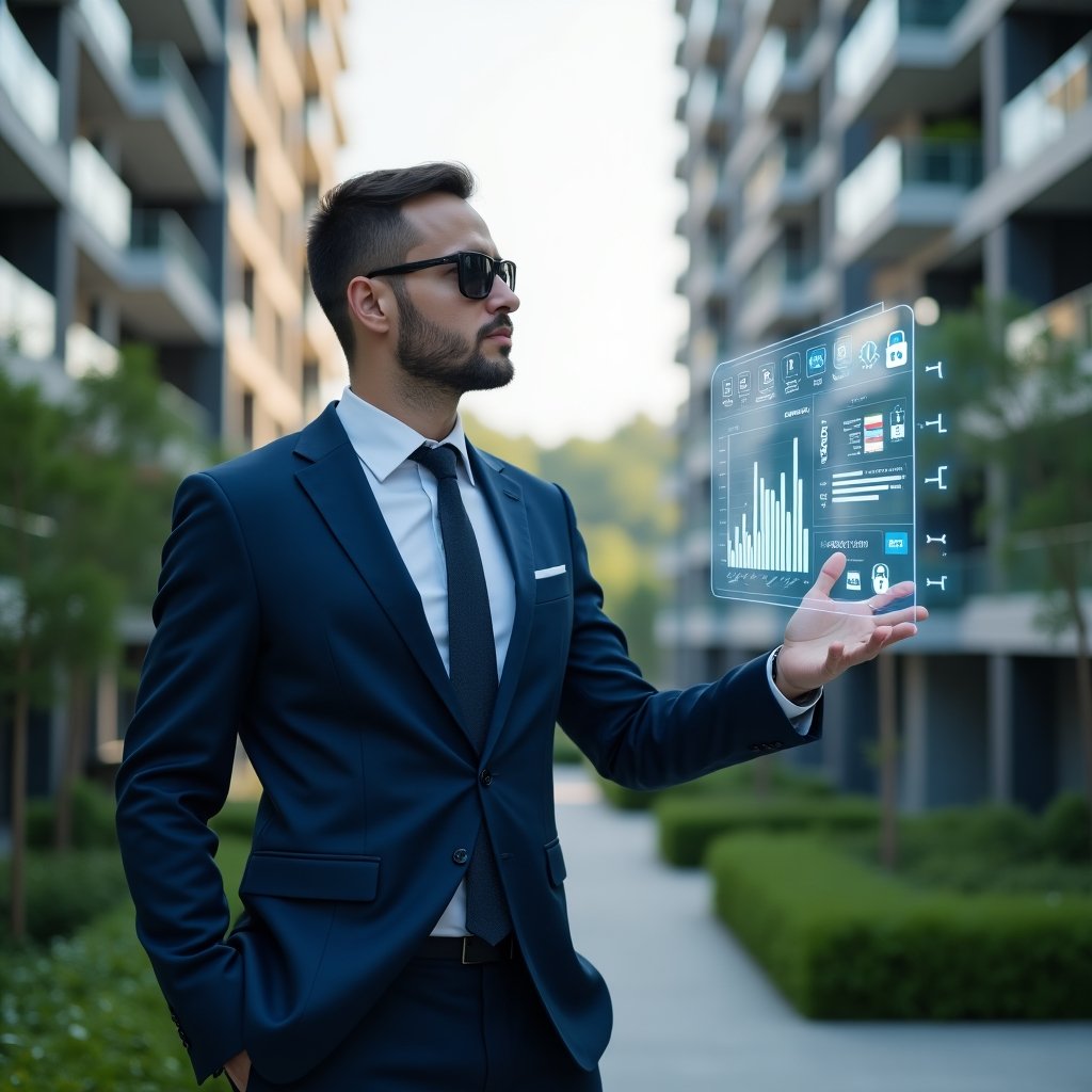 Ultra-realistic condominium manager in a navy blue suit, set in a modern luxury condominium environment with high-rise buildings and lush green landscaping, standing confidently while interacting with a holographic financial dashboard displaying transparent charts and secure icons, futuristic and inspiring atmosphere, cinematic lighting, shallow depth of field, highly detailed textures, realistic skin, photographic realism, 8k resolution --ar 1:1 --v 6