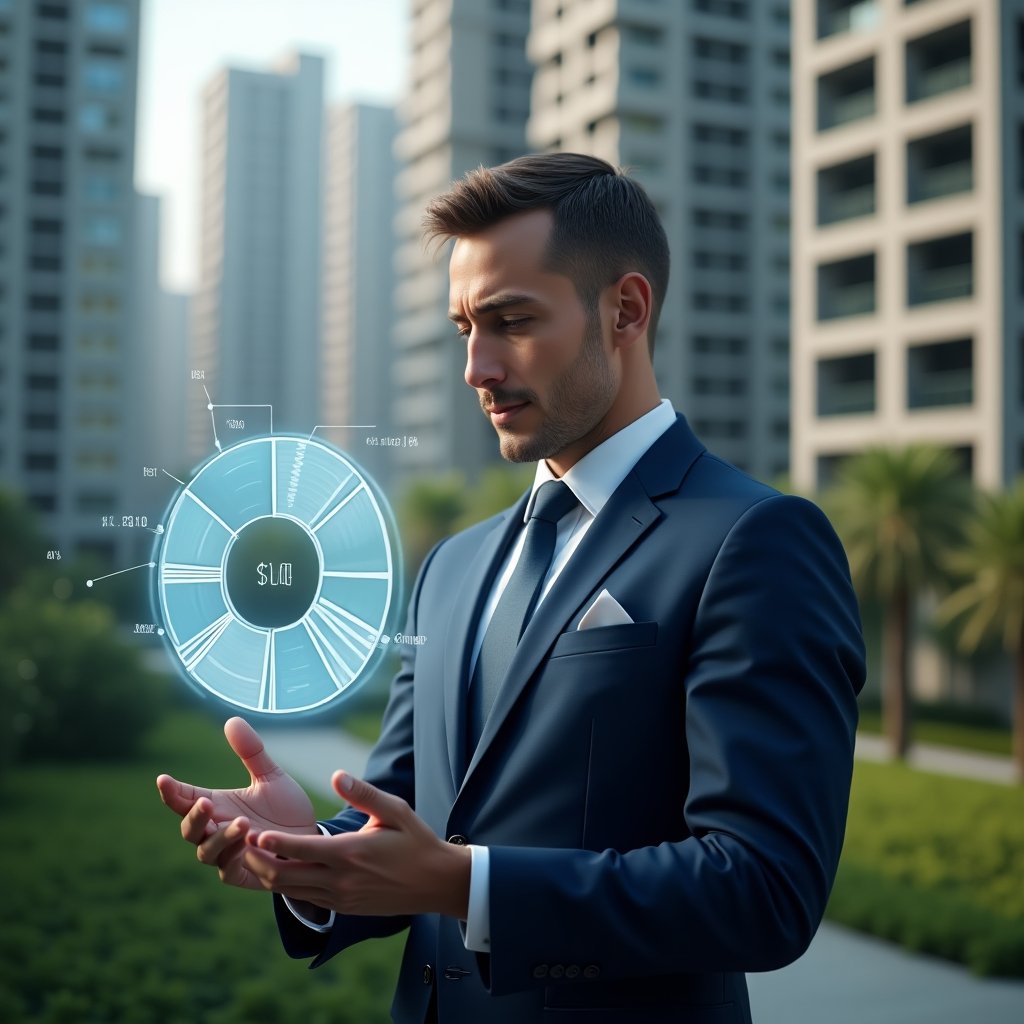 (Ultra-realistic condominium manager in a navy executive suit, set in a modern luxury condominium environment with high-rise buildings and lush green landscaping, analyzing a holographic pie chart representing fractional ownership allocations, confident and thoughtful expression, holographic fractional diagrams and monetary icons floating around, cinematic lighting, shallow depth of field, highly detailed textures, realistic skin, photographic realism, 8k resolution --ar 1:1 --v 6)