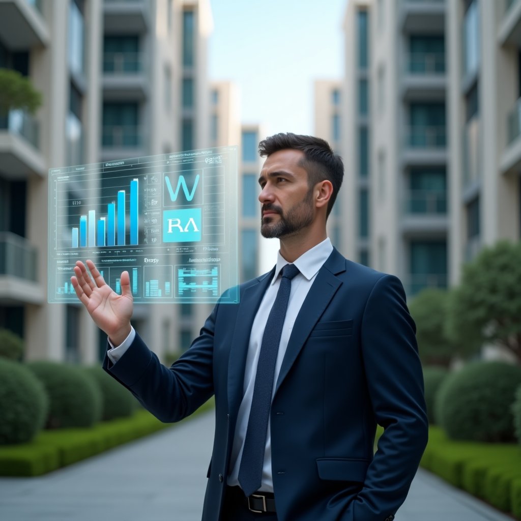 (Ultra-realistic condominium manager in a navy blue executive suit, set in a modern luxury condominium environment with high-rise buildings and green landscaping, confidently interacting with a transparent holographic interface displaying rising bar charts and workflow icons, cinematic lighting, shallow depth of field, highly detailed textures, realistic skin, photographic realism, 8k resolution --ar 1:1 --v 6)