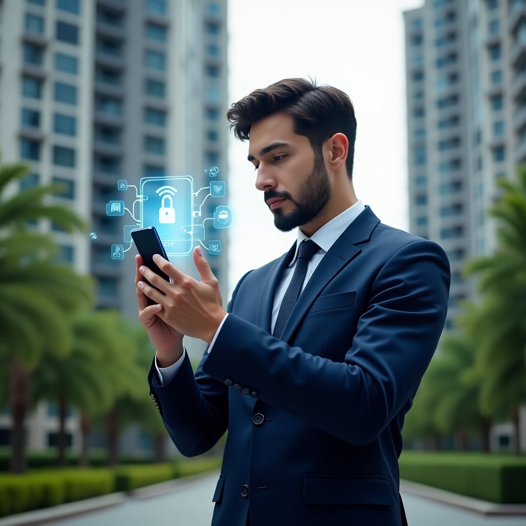 (Ultra-realistic condominium manager in a navy blue executive suit, set in a modern luxury condominium environment with high-rise buildings and manicured green landscaping, holding and interacting with a holographic smartphone interface displaying icons for tasks, messages and security, confident and focused expression, futuristic holographic elements symbolizing digital transformation, cinematic lighting, shallow depth of field, highly detailed textures, realistic skin, photographic realism, 8k resolution --ar 1:1 --v 6)