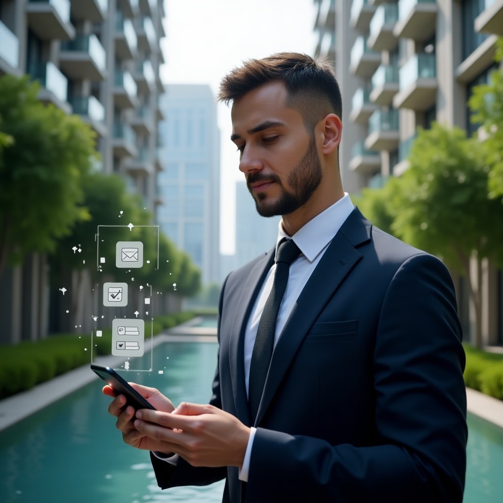 Ultra-realistic condominium manager in a tailored navy suit, set in a modern luxury condominium environment with high-rise buildings and manicured green landscaping, confidently holding a smartphone displaying floating holographic payment reminders and parceling options, surrounded by subtle icons of notification bells and calendar alerts, cinematic lighting, shallow depth of field, highly detailed textures, realistic skin, photographic realism, 8k resolution --ar 1:1 --v 6