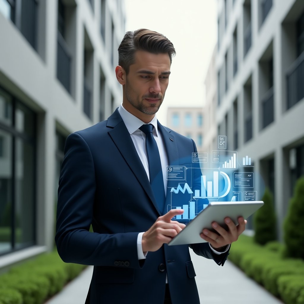 (Ultra-realistic condominium manager in a tailored navy suit, set in a modern luxury condominium environment with high-rise buildings and manicured green landscaping, standing in a medium shot while holding a transparent tablet displaying holographic financial charts and digital reports, confident and focused expression, floating icons of graphs and checkmarks around the tablet symbolizing transparency and agility, cinematic lighting, shallow depth of field, highly detailed textures, realistic skin, photographic realism, 8k resolution --ar 1:1 --v 6)