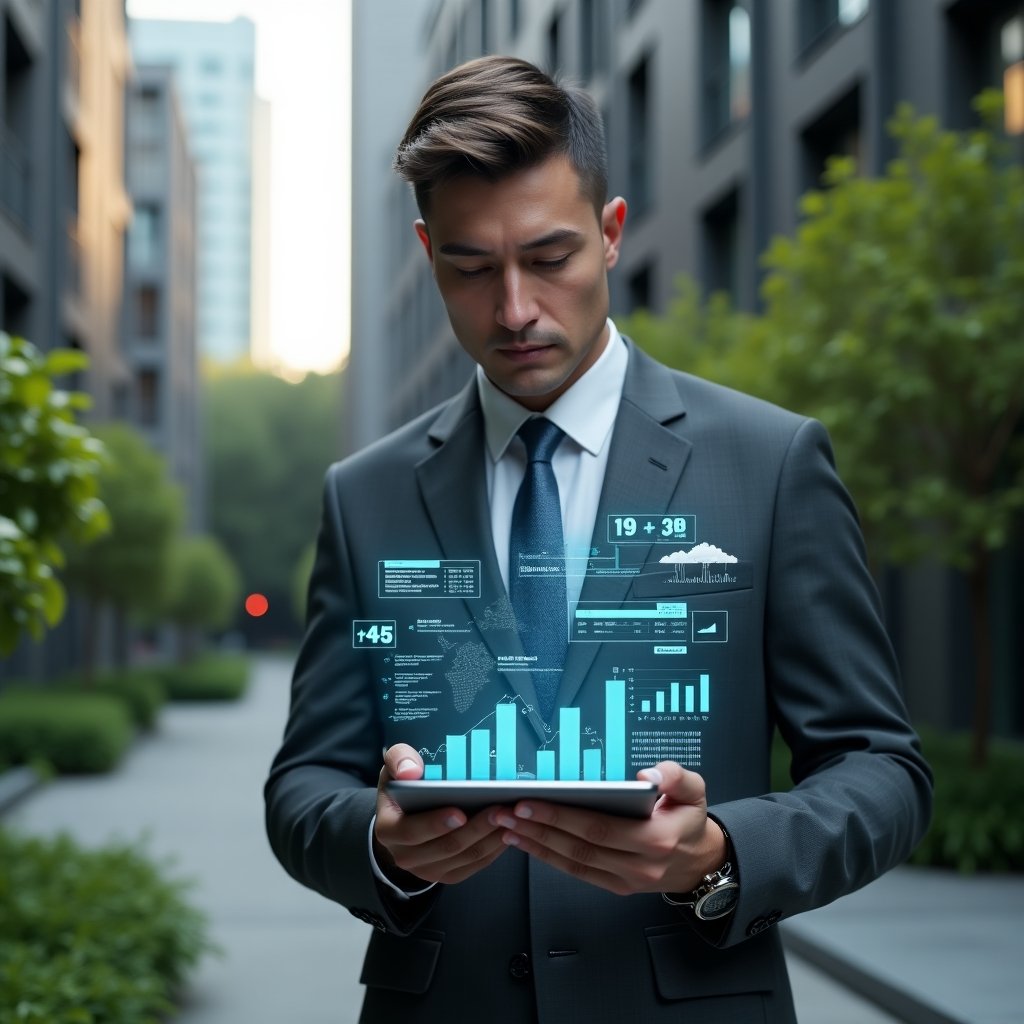 Ultra-realistic condominium manager in a charcoal gray tailored suit, set in a modern luxury condominium environment with high-rise buildings and manicured greenery, examining holographic financial reports and approving digital accounts on a transparent tablet interface, floating charts and icons representing budgets and transactions, cinematic lighting, shallow depth of field, highly detailed textures, realistic skin, photographic realism, 8k resolution --ar 1:1 --v 6