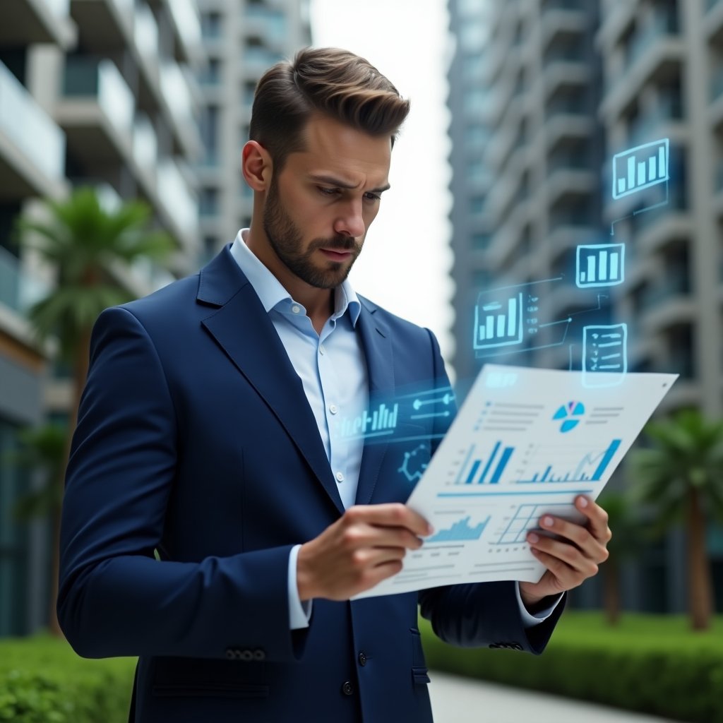Ultra-realistic condominium manager in a navy blue suit, set in a modern luxury condominium environment with high-rise buildings and green landscaping, holding and analyzing a transparent holographic financial report with floating bar and pie charts, confident and focused expression, cinematic lighting, shallow depth of field, highly detailed textures, realistic skin, photographic realism, 8k resolution --ar 1:1 --v 6