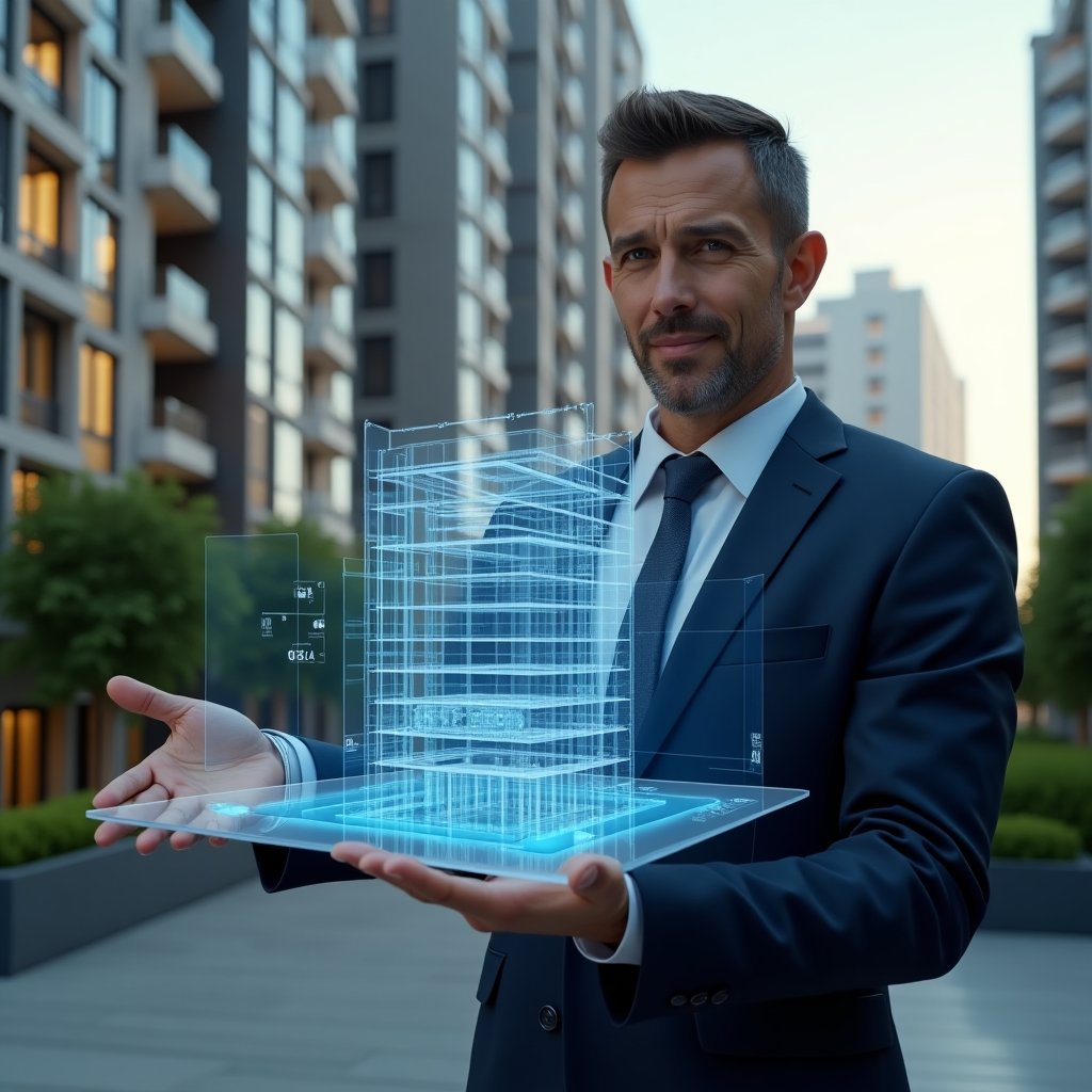 (Ultra-realistic condominium manager in a dark blue tailored suit, set in a modern luxury condominium environment with high-rise buildings and manicured green landscaping, analyzing a holographic 3D building model displaying fractional unit diagrams and pie chart overlays, confident expression, one hand gesturing toward the hologram, cinematic lighting, shallow depth of field, highly detailed textures, realistic skin, photographic realism, 8k resolution --ar 1:1 --v 6)