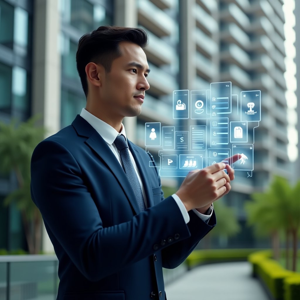 Ultra-realistic condominium manager in a navy executive suit, set in a modern luxury condominium environment with high-rise buildings and manicured green landscaping, examining a holographic interface displaying billing icons, assembly schedules and financial charts, holographic symbols floating around, confident and focused expression, cinematic lighting, shallow depth of field, highly detailed textures, realistic skin, photographic realism, 8k resolution --ar 1:1 --v 6