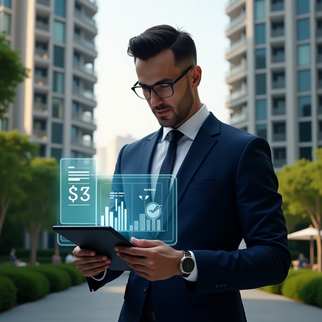 Ultra-realistic condominium manager in a navy business suit, set in a modern luxury condominium environment with high-rise buildings and lush green landscaping, confidently reviewing a digital tablet displaying holographic cost-reduction graphs and contract icons, subtle floating hologram of a contract and bar chart beside them, cinematic lighting, shallow depth of field, highly detailed textures, realistic skin, photographic realism, 8k resolution --ar 1:1 --v 6
