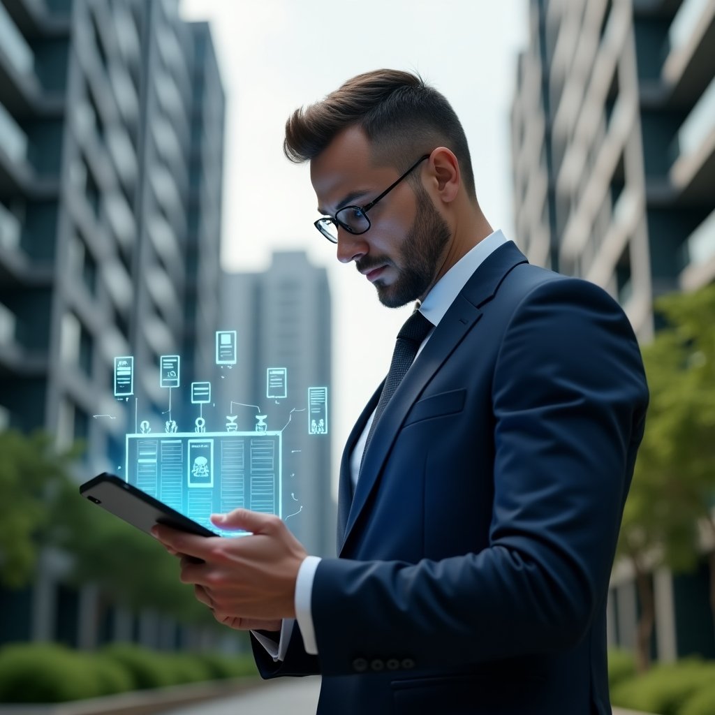 (Ultra-realistic condominium manager in a navy blue suit, set in a modern luxury condominium environment with high-rise buildings and lush green landscaping, checking a holographic calendar schedule projected from a tablet in his hand with floating task and meeting icons, focused and confident expression, cinematic lighting, shallow depth of field, highly detailed textures, realistic skin, photographic realism, 8k resolution --ar 1:1 --v 6)