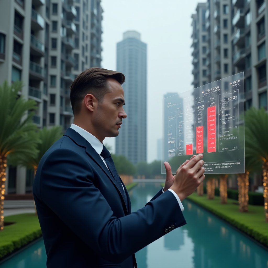 Ultra-realistic condominium manager in a dark blue suit, set in a modern luxury condominium environment with high-rise buildings and manicured green landscaping, analyzing transparent holographic financial charts with red error icons highlighting seven mistakes, focused and analytical expression, cinematic lighting, shallow depth of field, highly detailed textures, realistic skin, photographic realism, 8k resolution --ar 1:1 --v 6