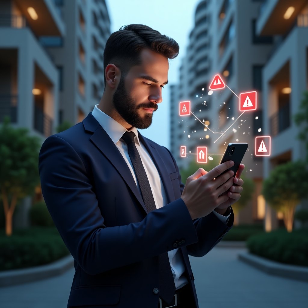 (Ultra-realistic condominium manager in a navy suit, set in a modern luxury condominium environment with high-rise buildings and manicured gardens, holding a smartphone projecting holographic error icons and an app interface, examining the hologram with a focused expression, red warning triangles and checklist holograms floating around, cinematic lighting, shallow depth of field, highly detailed textures, realistic skin, photographic realism, 8k resolution --ar 1:1 --v 6)
