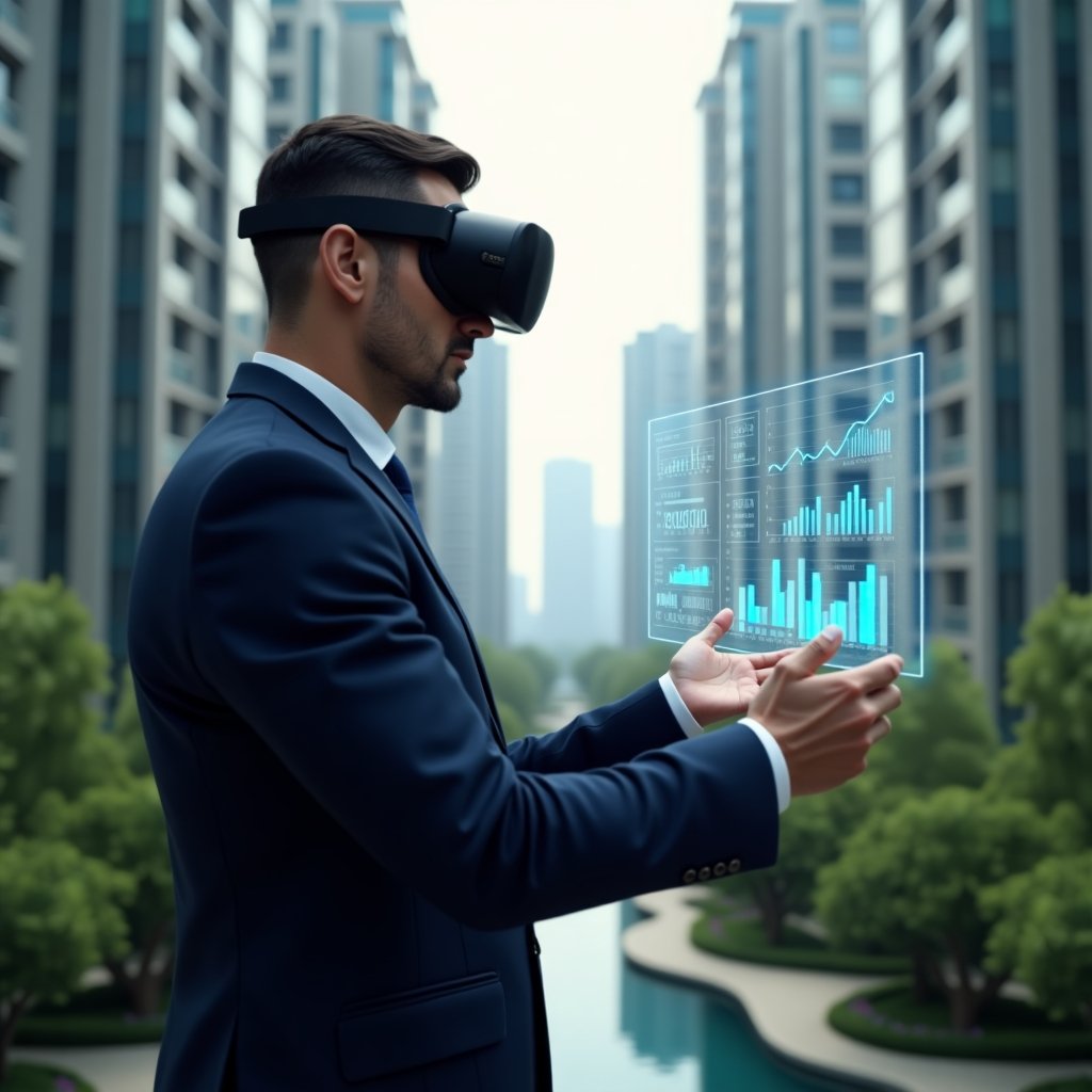 Ultra-realistic condominium manager in a navy suit, set in a modern luxury condominium environment with high-rise buildings and green landscaping, confidently examining a transparent holographic financial dashboard displaying expense charts and cost-control graphs, symbolizing efficient expense management, cinematic lighting, shallow depth of field, highly detailed textures, realistic skin, photographic realism, 8k resolution --ar 1:1 --v 6