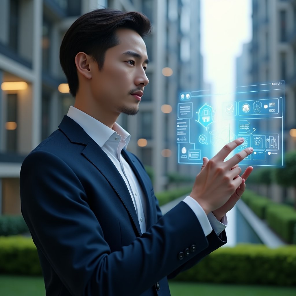 (Ultra-realistic condominium manager in a navy blue executive suit, set in a modern luxury condominium environment with high-rise buildings and manicured green landscaping, interacting with a holographic touchscreen displaying reservation, finance and task delegation icons, confident and focused expression, cinematic lighting, shallow depth of field, highly detailed textures, realistic skin, photographic realism, 8k resolution --ar 1:1 --v 6)