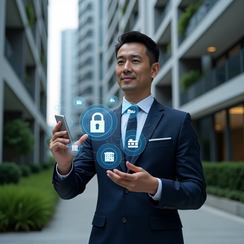 (Ultra-realistic condominium manager in a navy suit, set in a modern luxury condominium environment with high-rise buildings and manicured green landscaping, interacting with a floating holographic interface displaying a condo management app, confident expression, thematic icons of communication, finance and security orbiting around, cinematic lighting, shallow depth of field, highly detailed textures, realistic skin, photographic realism, 8k resolution --ar 1:1 --v 6)