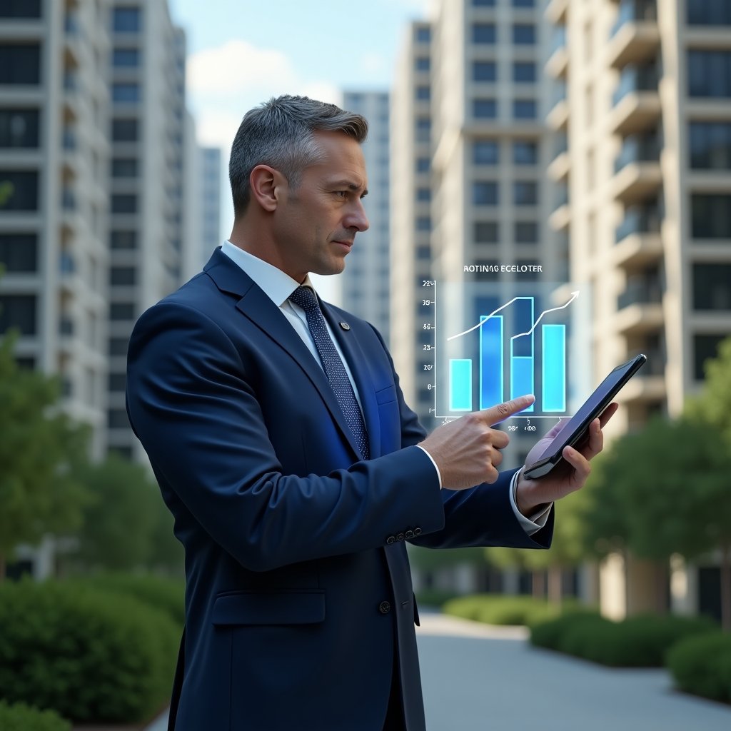 Ultra-realistic condominium manager in a navy blue suit, set in a modern luxury condominium environment with high-rise buildings and lush green landscaping, holding a digital tablet displaying holographic budget charts, pointing at a floating bar graph icon representing expense control, confident and focused expression, cinematic lighting, shallow depth of field, highly detailed textures, realistic skin, photographic realism, 8k resolution --ar 1:1 --v 6