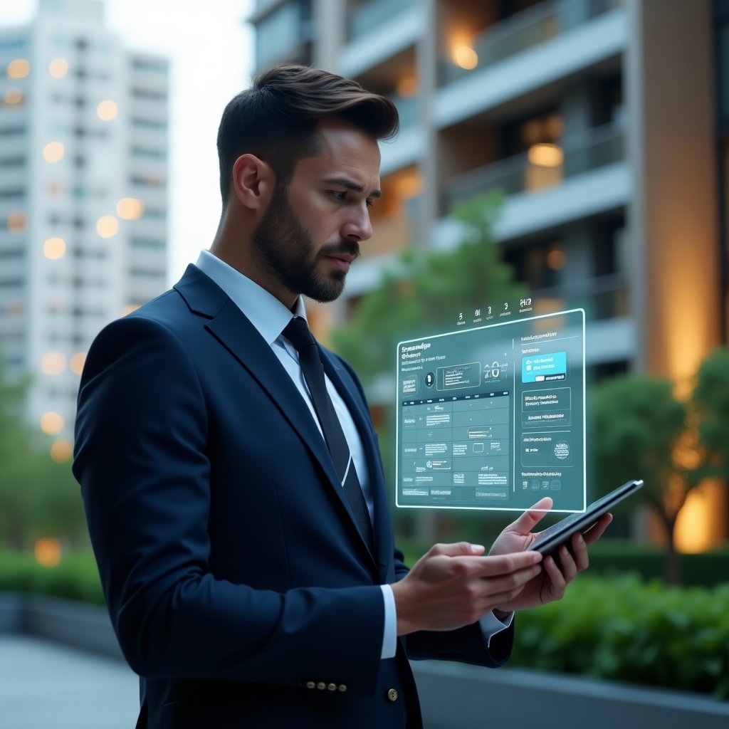(Ultra-realistic condominium manager in a navy tailored suit, set in a modern luxury condominium environment with high-rise buildings and lush green landscaping, analyzing a holographic scheduling calendar floating above a sleek tablet, confident and focused expression, with digital notification icons and performance report graphs subtly integrated in the scene, cinematic lighting, shallow depth of field, highly detailed textures, realistic skin, photographic realism, 8k resolution --ar 1:1 --v 6)