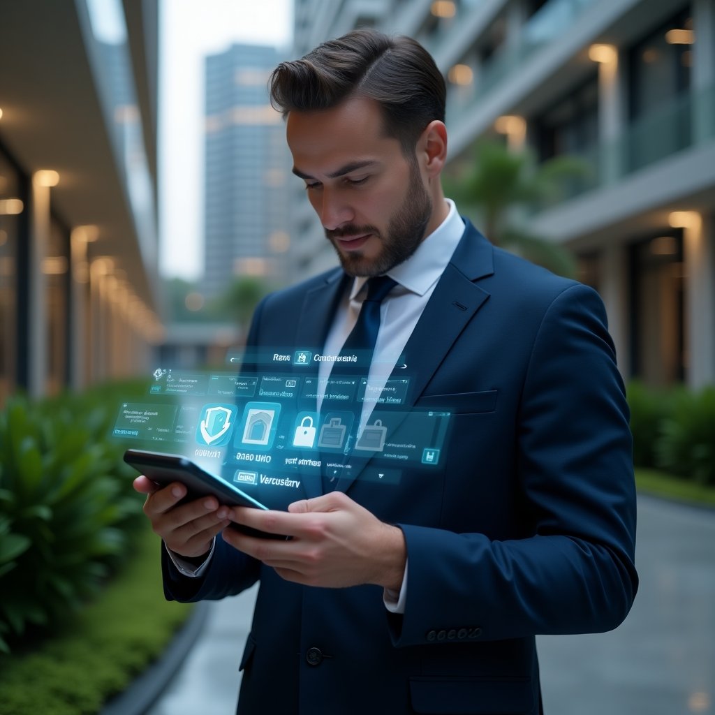 Ultra-realistic condominium manager in a navy executive suit, set in a modern luxury condominium environment with high-rise buildings and manicured green landscaping, mid-shot of the manager holding a smartphone with a glowing holographic app interface showing icons for reservations, finances, and security, tapping the screen confidently, holographic notification symbols floating around, cinematic lighting, shallow depth of field, highly detailed textures, realistic skin, photographic realism, 8k resolution --ar 1:1 --v 6
