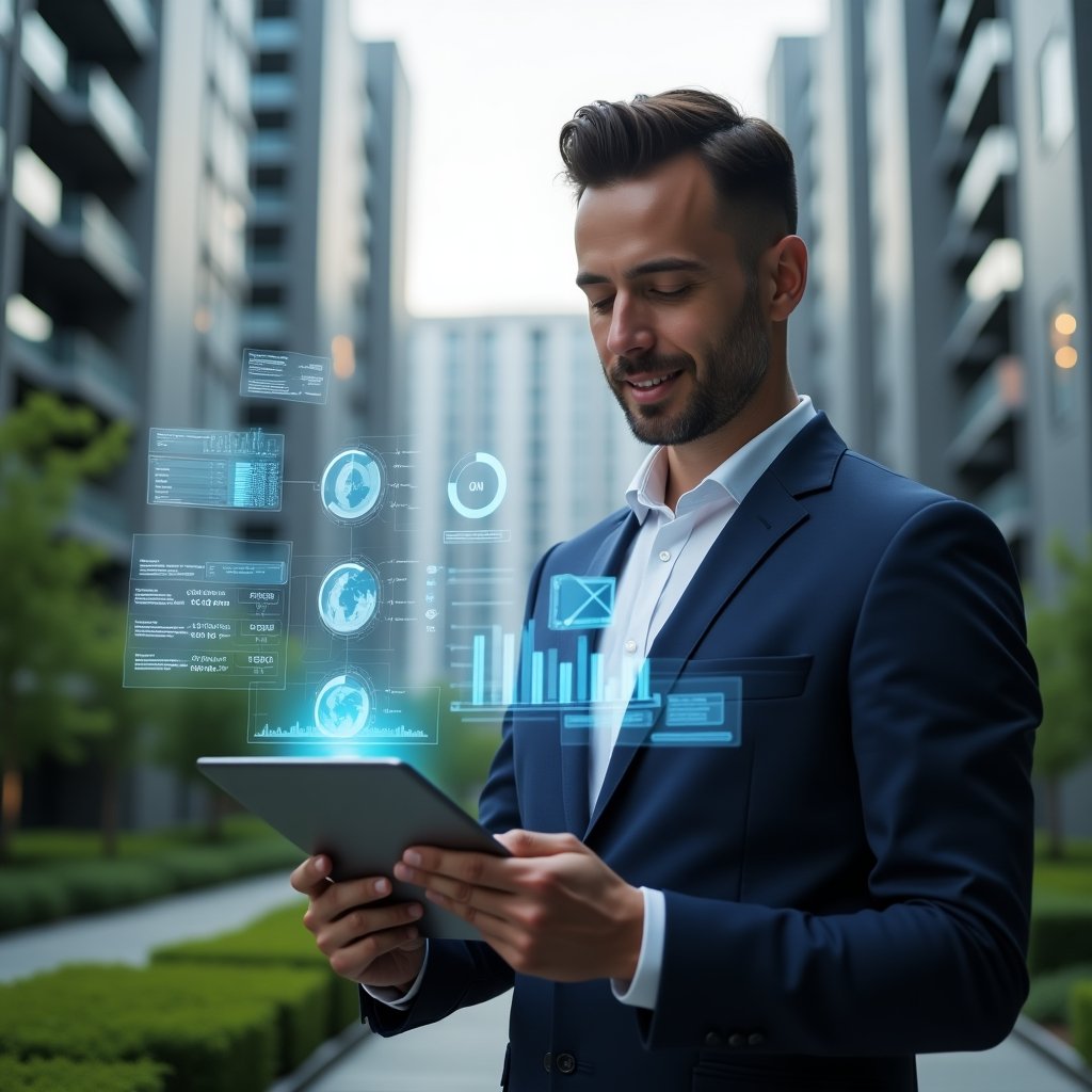 (Ultra-realistic condominium manager in a navy suit, set in a modern luxury condominium environment with high-rise buildings and manicured green landscaping, holding a tablet displaying holographic charts and notifications to represent an online management system, confidently analyzing real-time data with a slight smile, floating holographic icons of financial reports and chat bubbles symbolizing streamlined communication, cinematic lighting, shallow depth of field, highly detailed textures, realistic skin, photographic realism, 8k resolution --ar 1:1 --v 6)