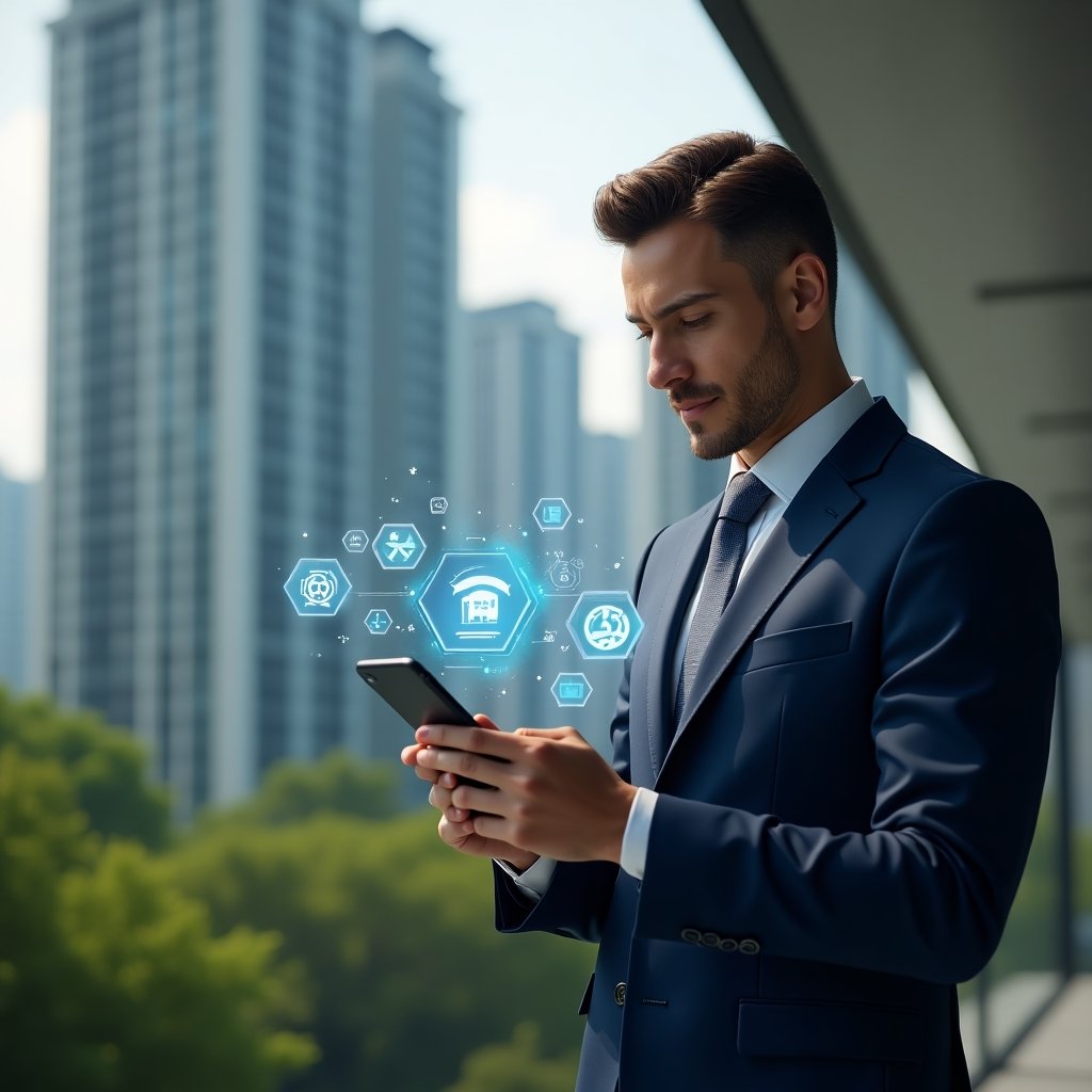 (Ultra-realistic condominium manager in a dark blue executive suit, set in a modern luxury condominium environment with high-rise buildings and lush green landscaping, holding a smartphone displaying a holographic condominium management app interface, analyzing data with a confident expression, floating icons of finance, transparency, and maintenance around, cinematic lighting, shallow depth of field, highly detailed textures, realistic skin, photographic realism, 8k resolution --ar 1:1 --v 6)