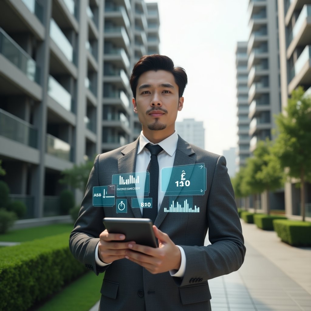 Ultra-realistic condominium manager in a tailored gray suit, set in a modern luxury condominium environment with high-rise buildings and manicured green landscaping, holding a tablet displaying holographic financial charts and budget icons, confident and analytical expression, cinematic lighting, shallow depth of field, highly detailed textures, realistic skin, photographic realism, 8k resolution --ar 1:1 --v 6